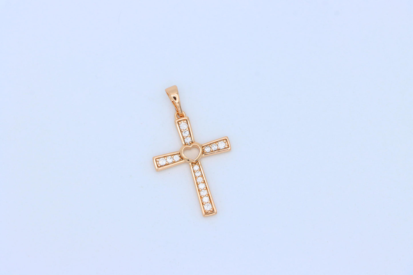 Rose Gold Cross Pendant with Heart Center and Sparkling Stones, XPPT1854 (2156-9)