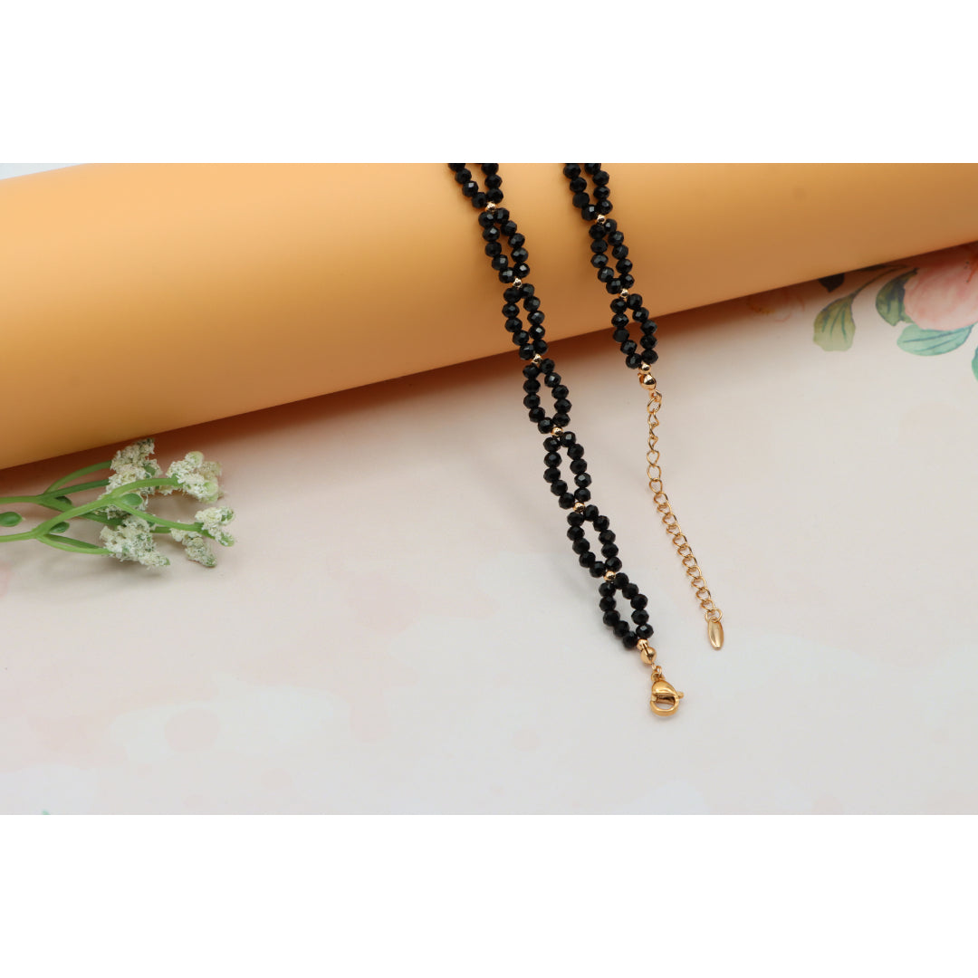 Rose Gold Black Beaded Necklace with Gold-Plated Brass Finish, XPNL0234 (2024-4)
