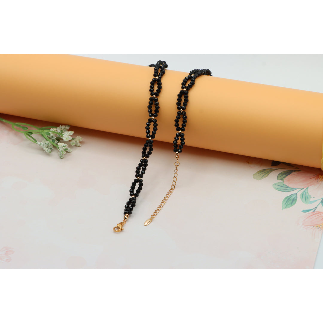 Rose Gold Black Beaded Necklace with Gold-Plated Brass Finish, XPNL0234 (2024-4)