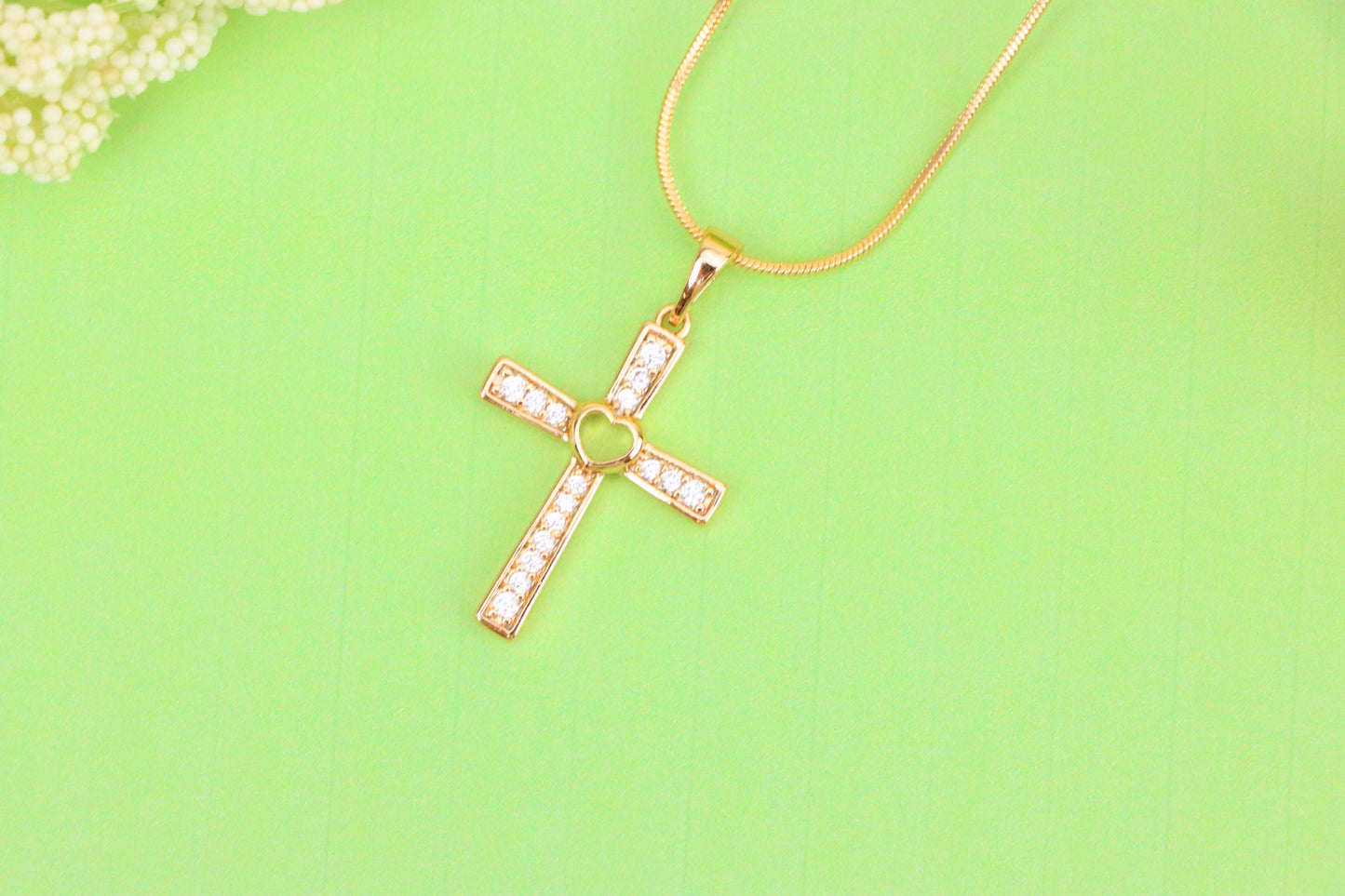 Rose Gold Cross Pendant with Heart Center and Sparkling Stones, XPPT1854 (2156-9)