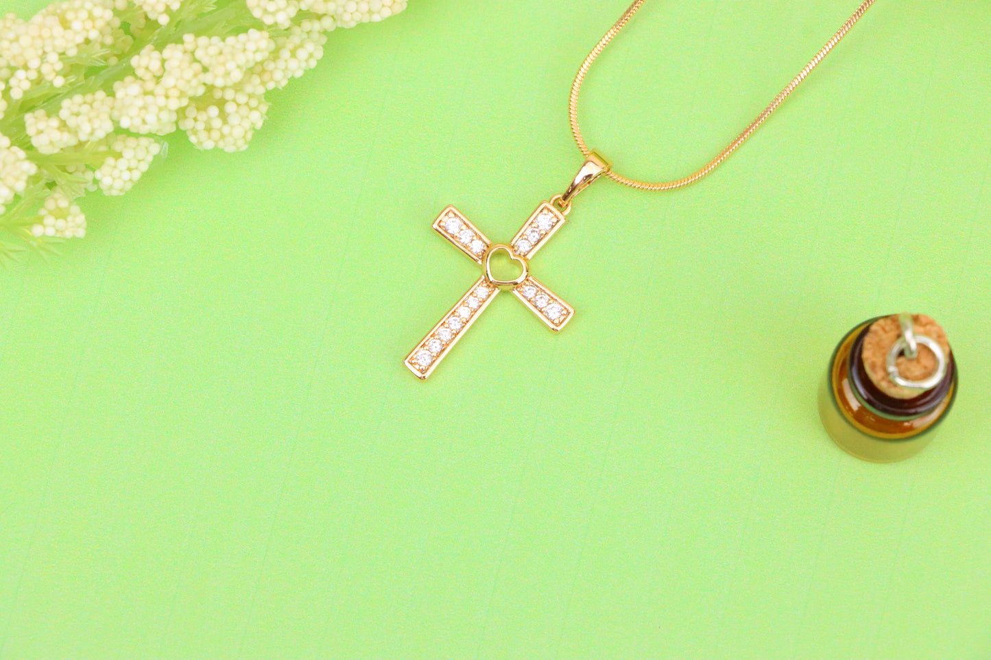 Rose Gold Cross Pendant with Heart Center and Sparkling Stones, XPPT1854 (2156-9)