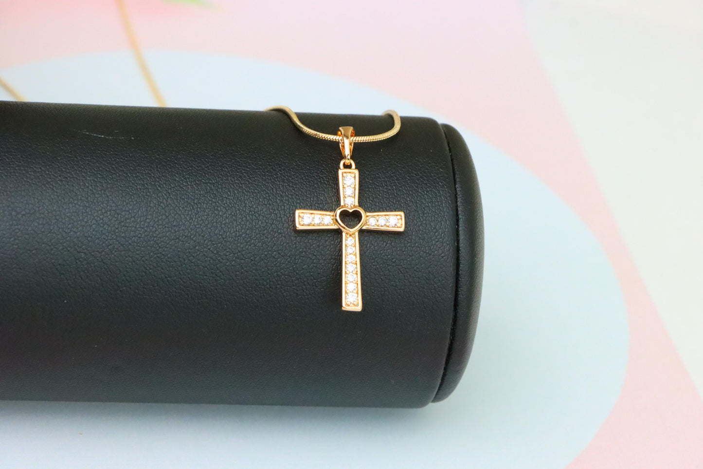 Rose Gold Cross Pendant with Heart Center and Sparkling Stones, XPPT1854 (2156-9)