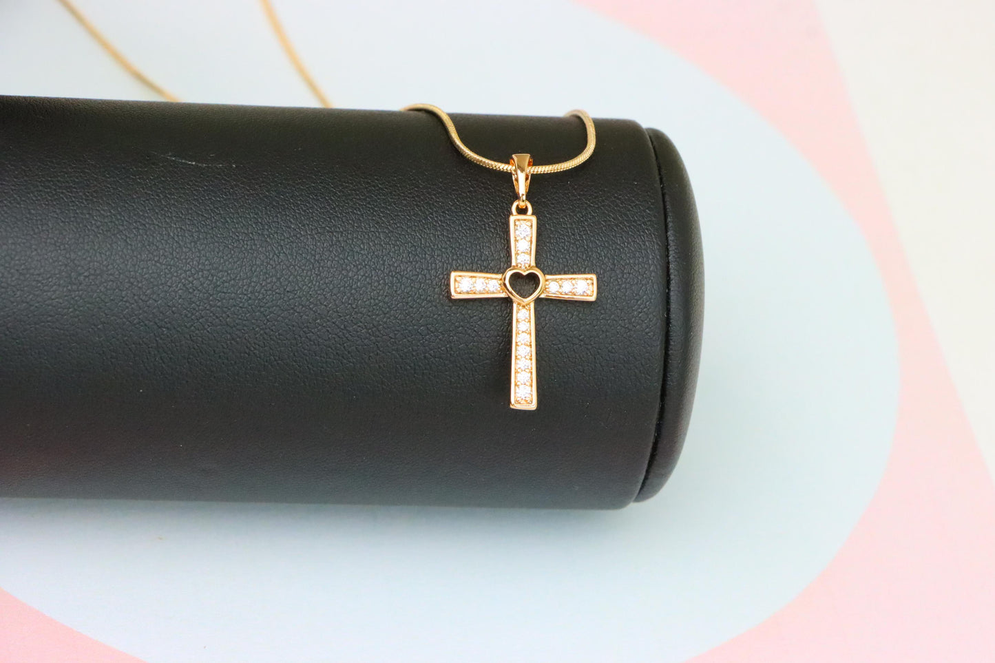 Rose Gold Cross Pendant with Heart Center and Sparkling Stones, XPPT1854 (2156-9)