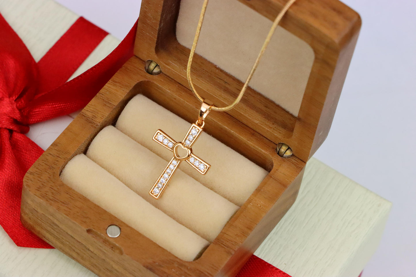 Rose Gold Cross Pendant with Heart Center and Sparkling Stones, XPPT1854 (2156-9)