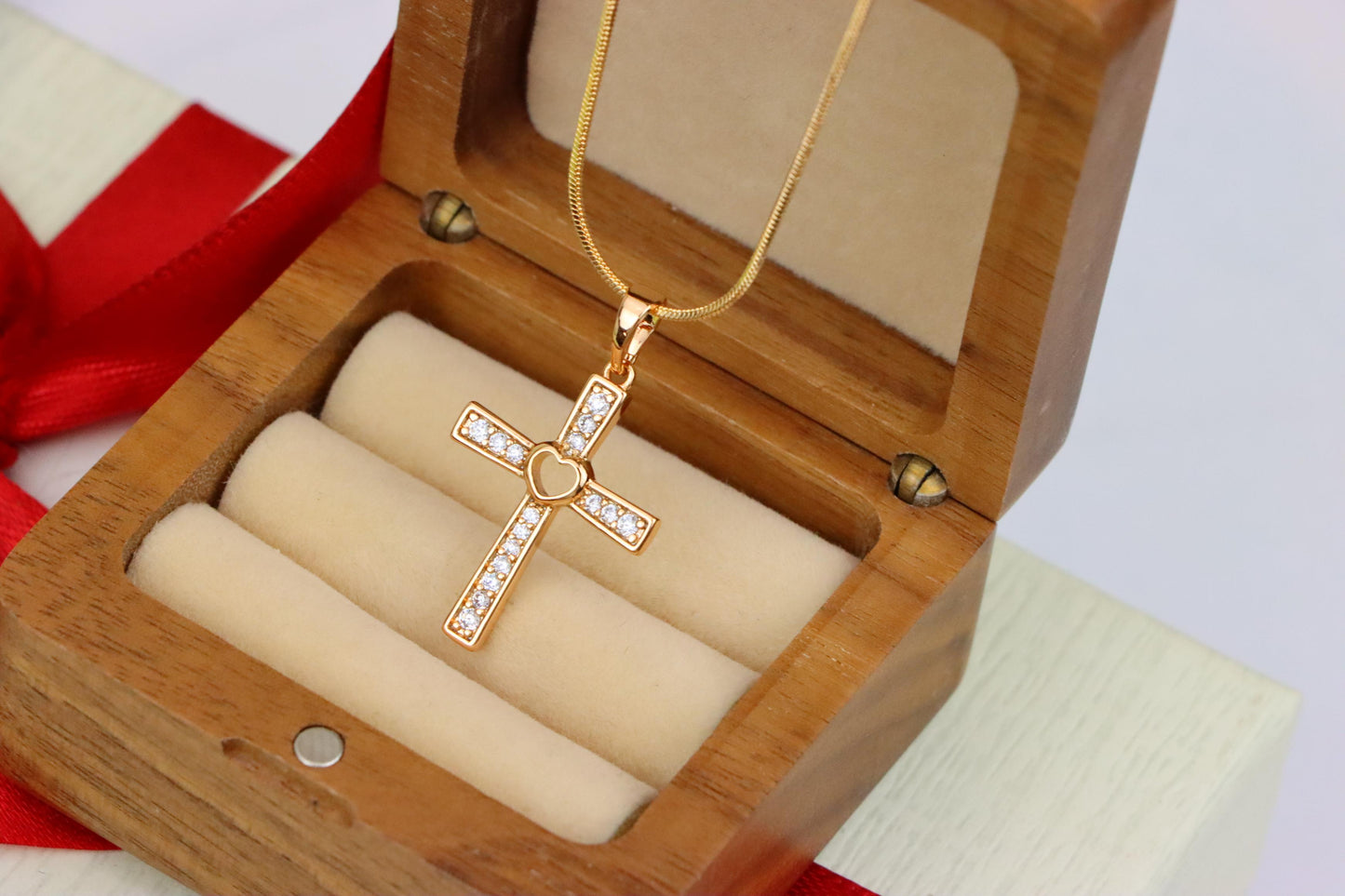 Rose Gold Cross Pendant with Heart Center and Sparkling Stones, XPPT1854 (2156-9)