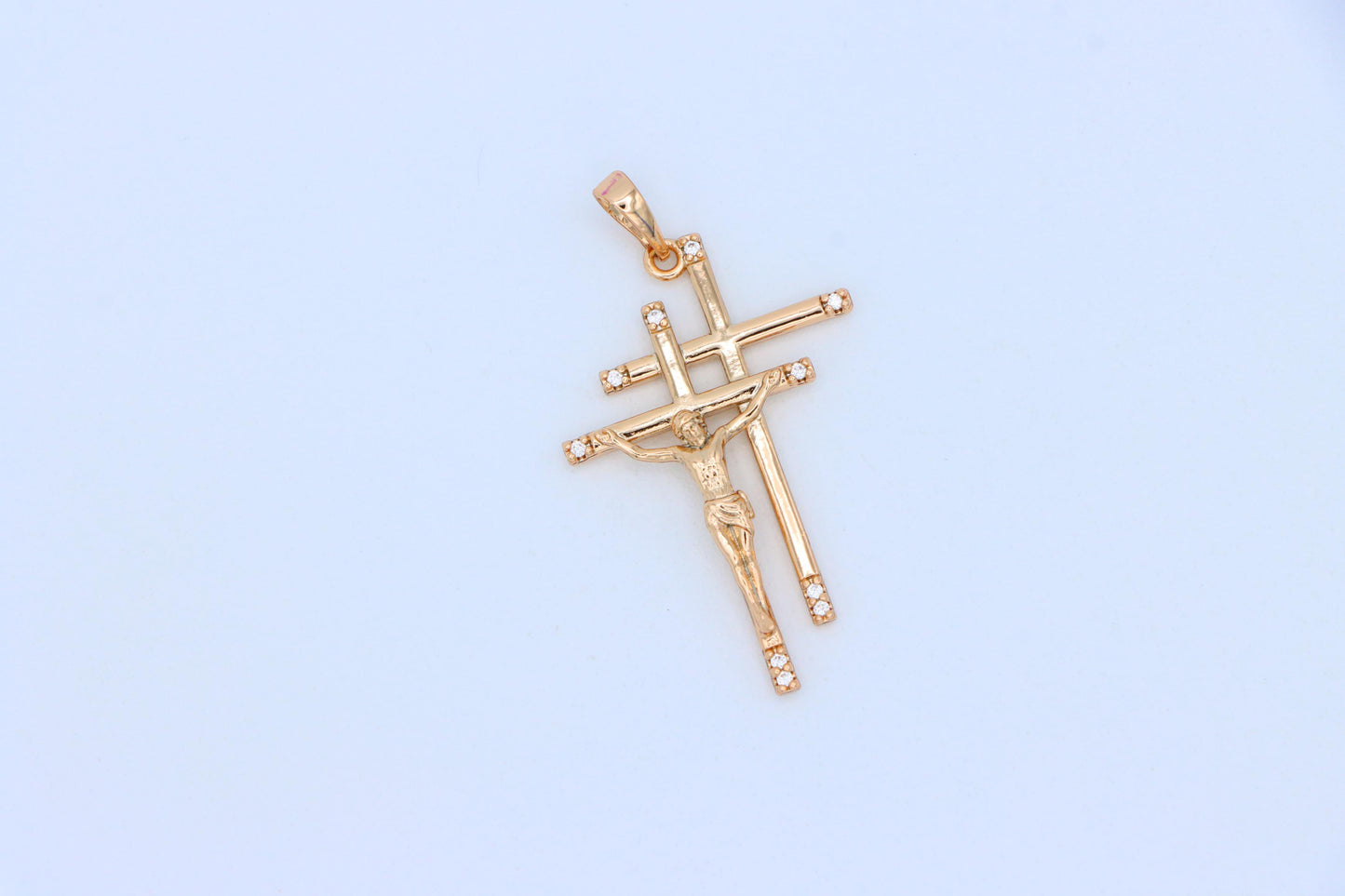Rose Gold Triple Cross Pendant with Jesus and CZ Accents, XPPT1855 (2156-10)