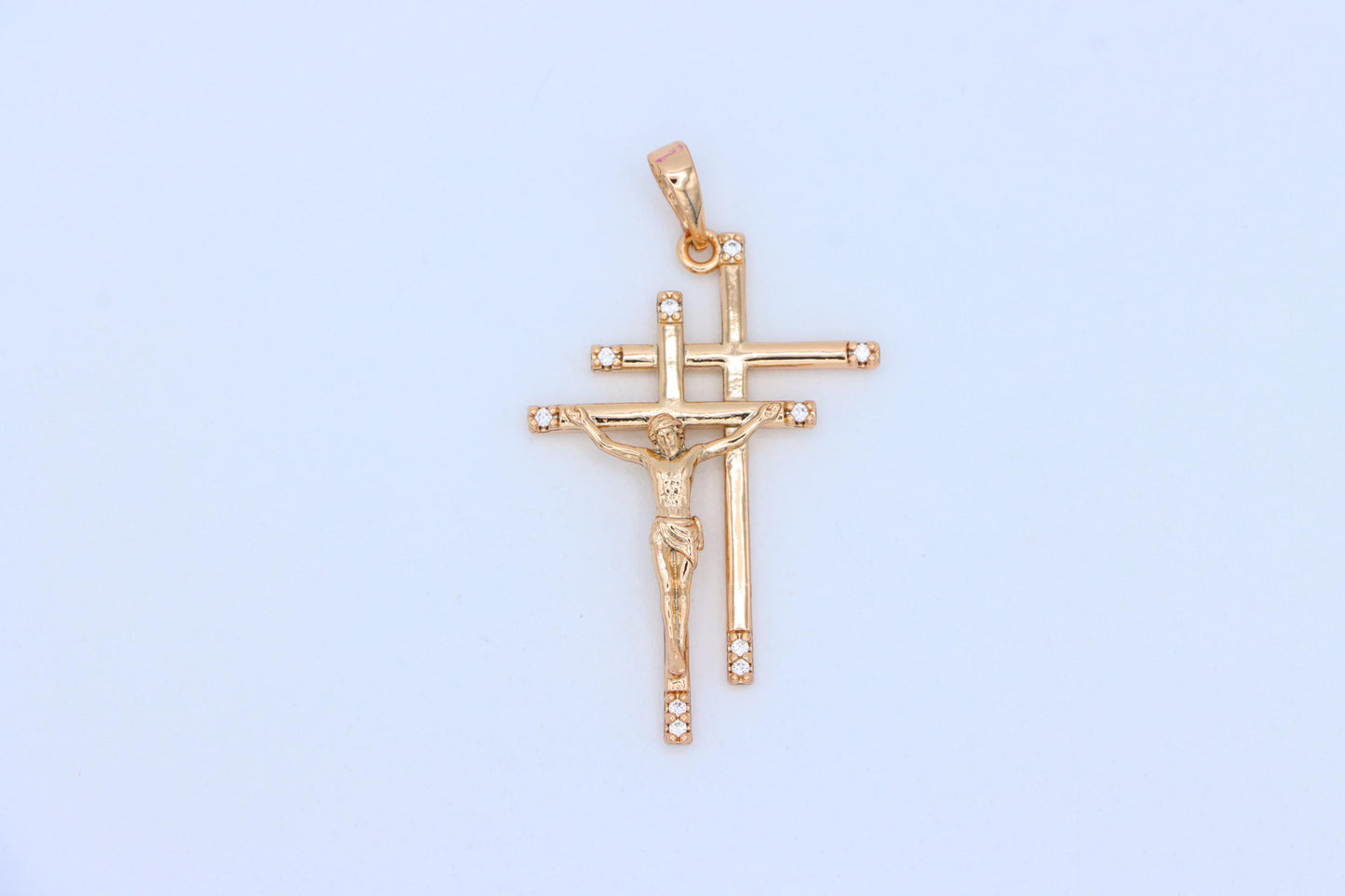 Rose Gold Triple Cross Pendant with Jesus and CZ Accents, XPPT1855 (2156-10)