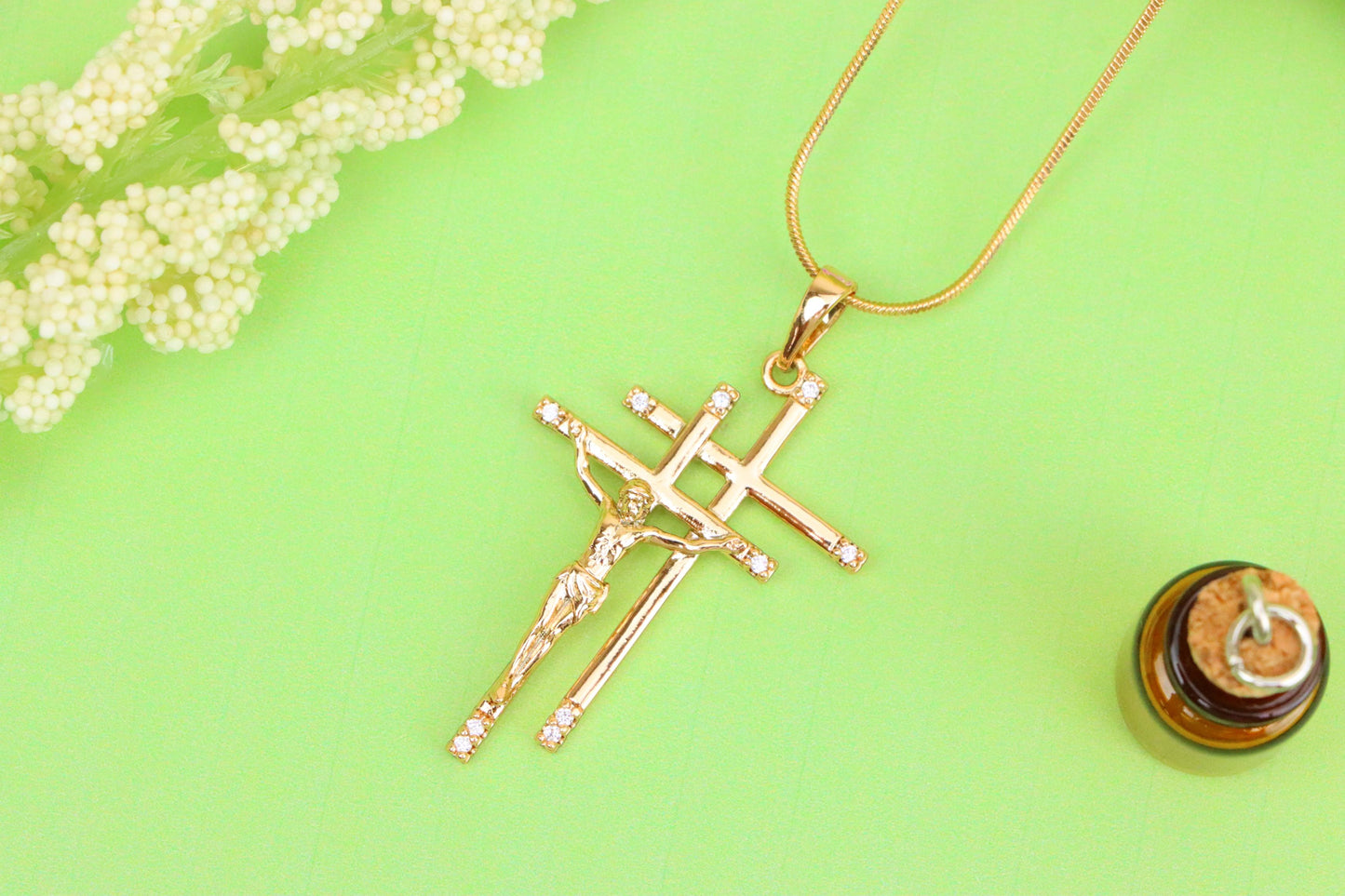 Rose Gold Triple Cross Pendant with Jesus and CZ Accents, XPPT1855 (2156-10)