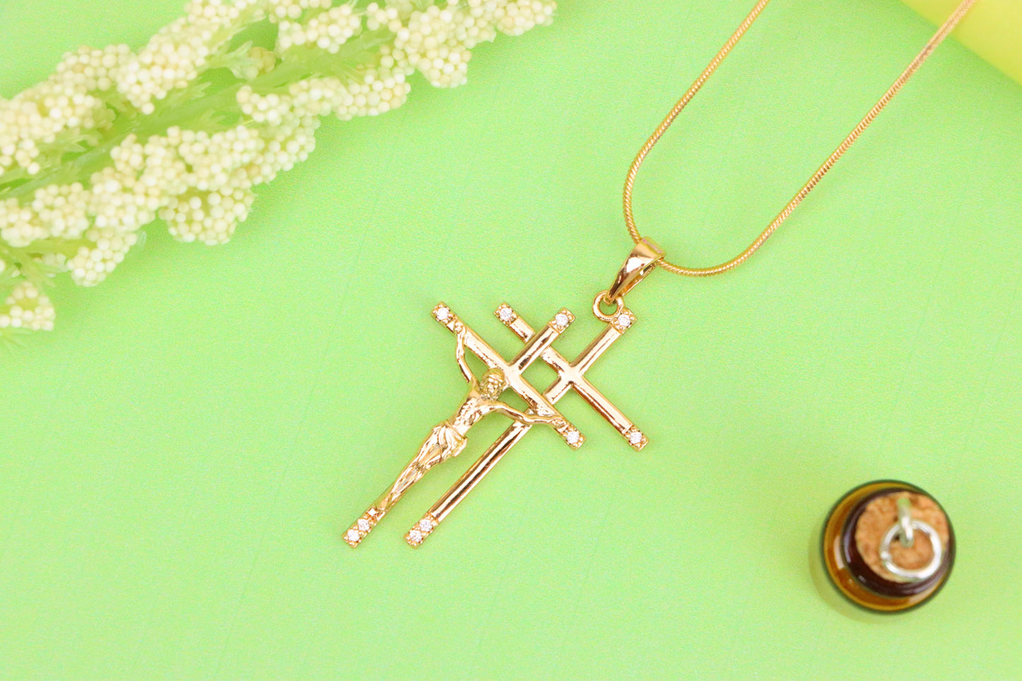 Rose Gold Triple Cross Pendant with Jesus and CZ Accents, XPPT1855 (2156-10)