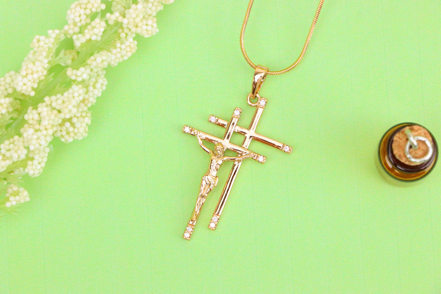 Rose Gold Triple Cross Pendant with Jesus and CZ Accents, XPPT1855 (2156-10)