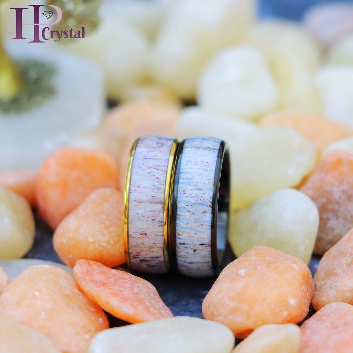 Domed Yellow Gold IP/Black IP Plated Tungsten Ring with Real Deer Antler Inlay
