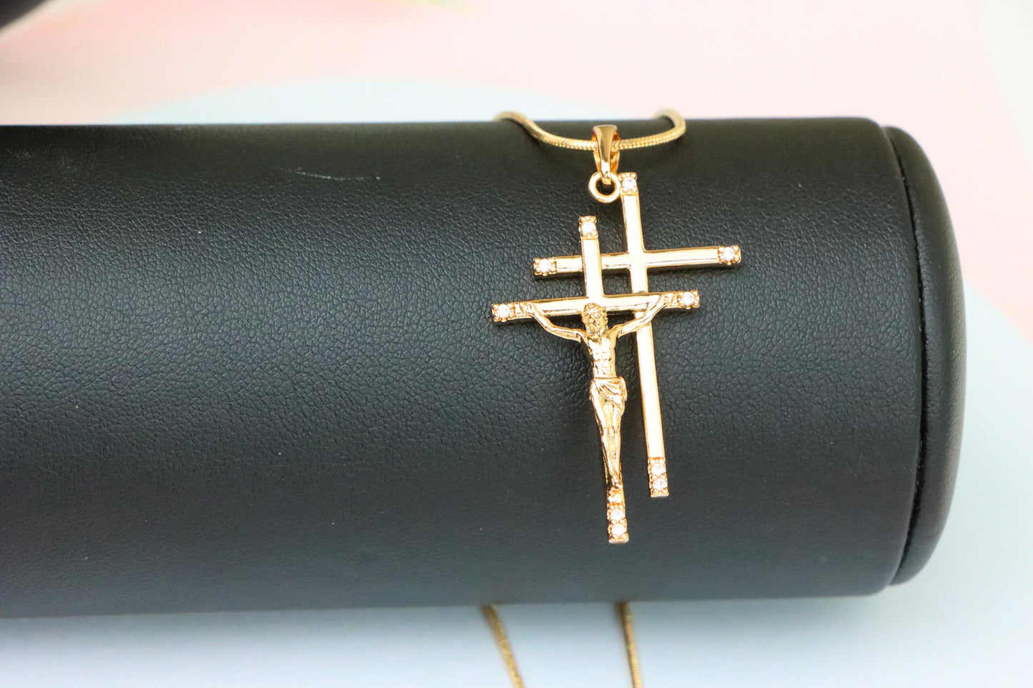 Rose Gold Triple Cross Pendant with Jesus and CZ Accents, XPPT1855 (2156-10)