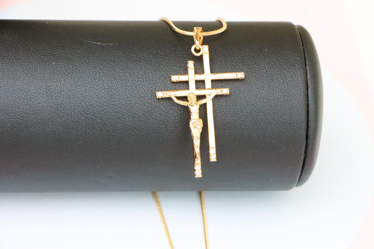 Rose Gold Triple Cross Pendant with Jesus and CZ Accents, XPPT1855 (2156-10)