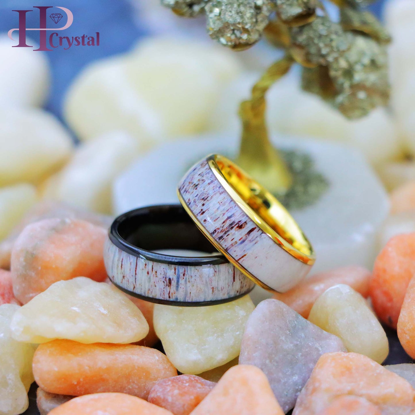 Domed Yellow Gold IP/Black IP Plated Tungsten Ring with Real Deer Antler Inlay