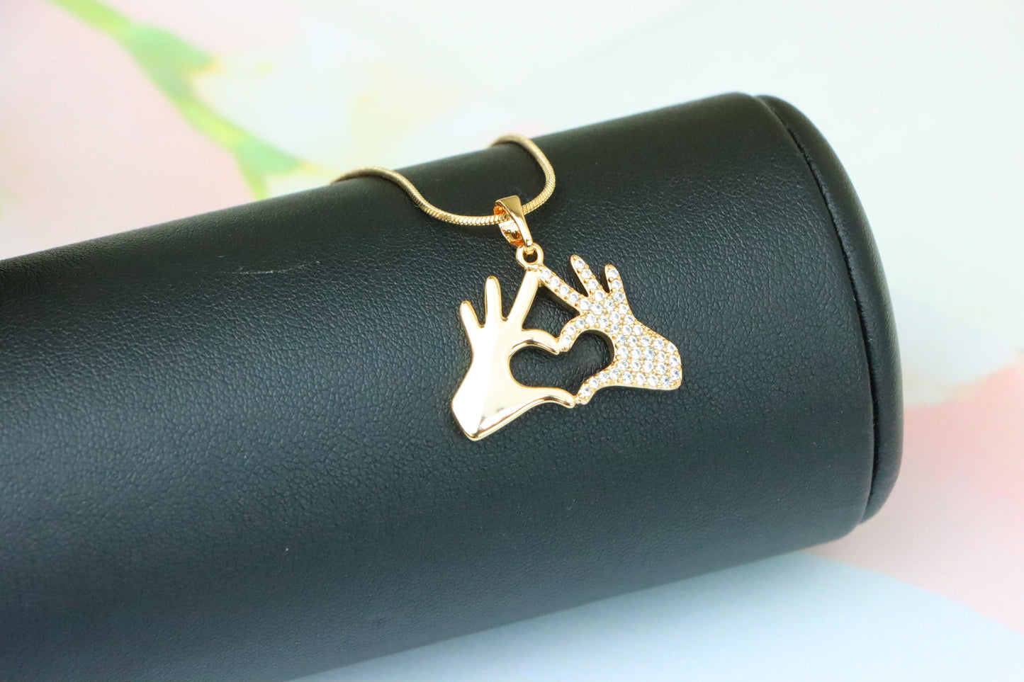 Sparkling Heart Hand Sign Rose Gold Pendant for Love and Expression, XPPT1385 (2133-9)