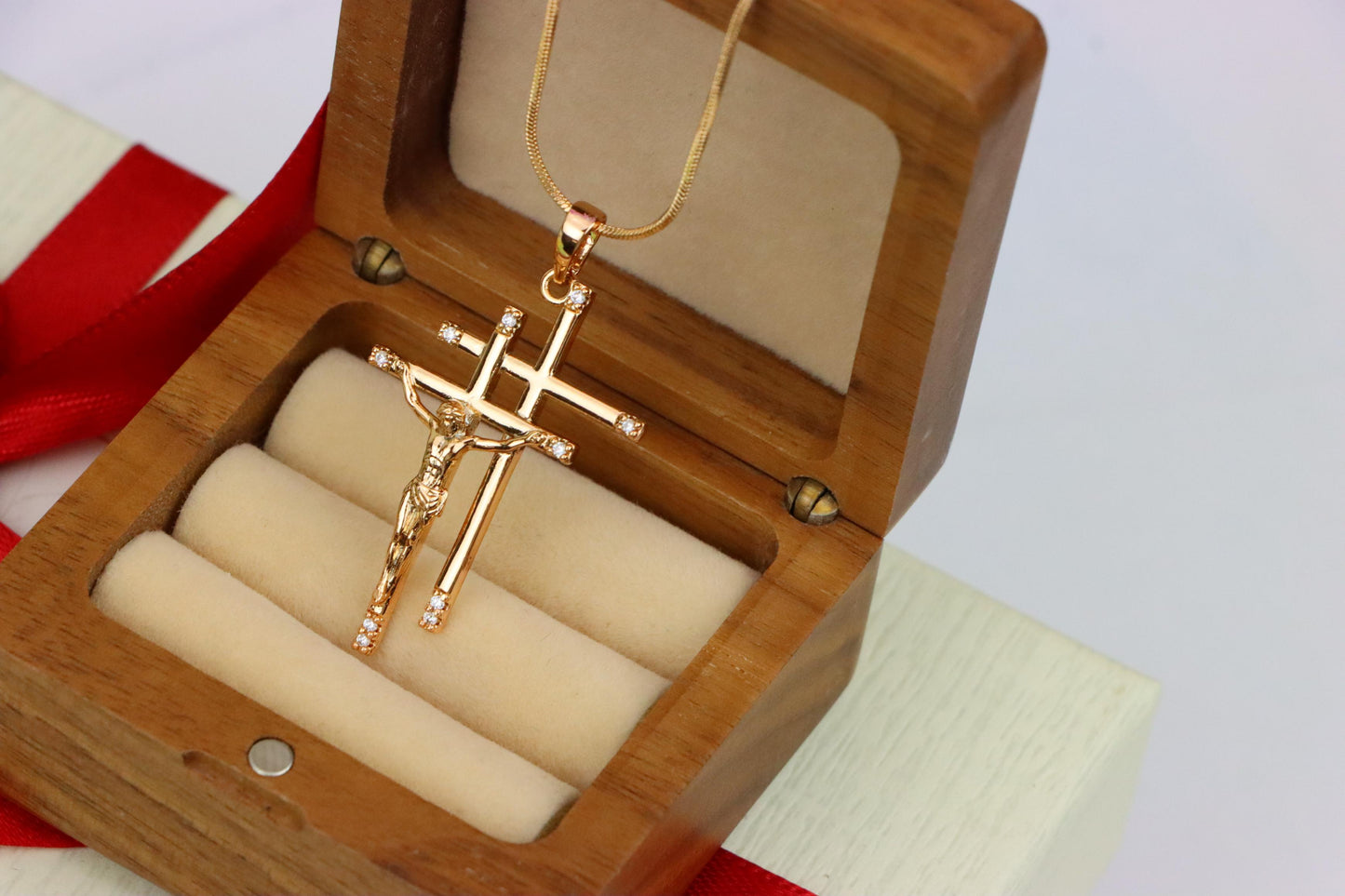 Rose Gold Triple Cross Pendant with Jesus and CZ Accents, XPPT1855 (2156-10)