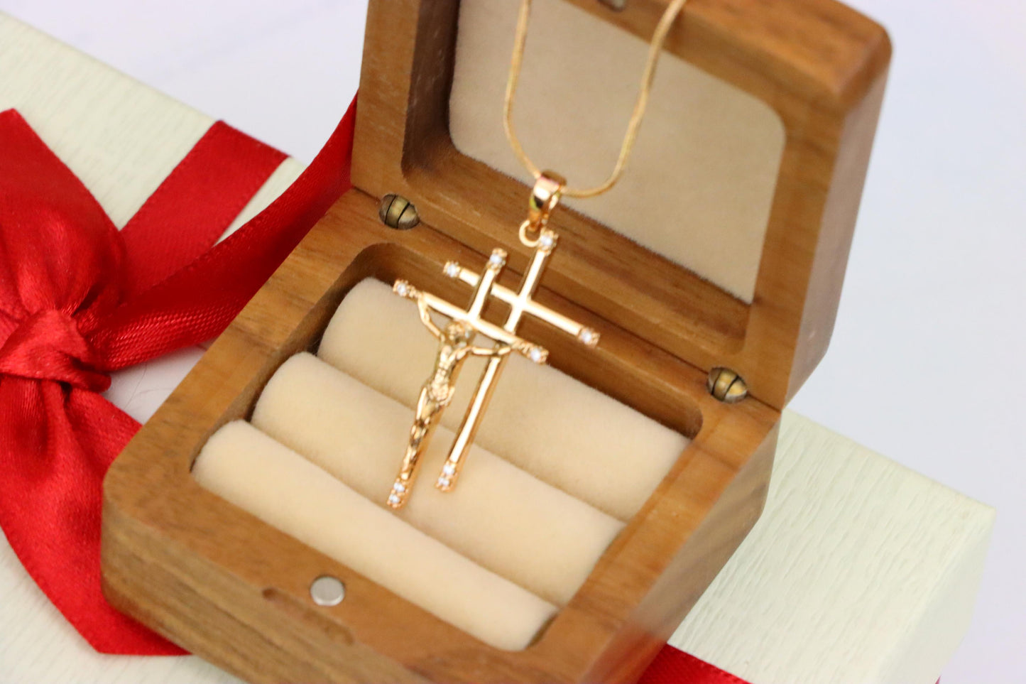 Rose Gold Triple Cross Pendant with Jesus and CZ Accents, XPPT1855 (2156-10)