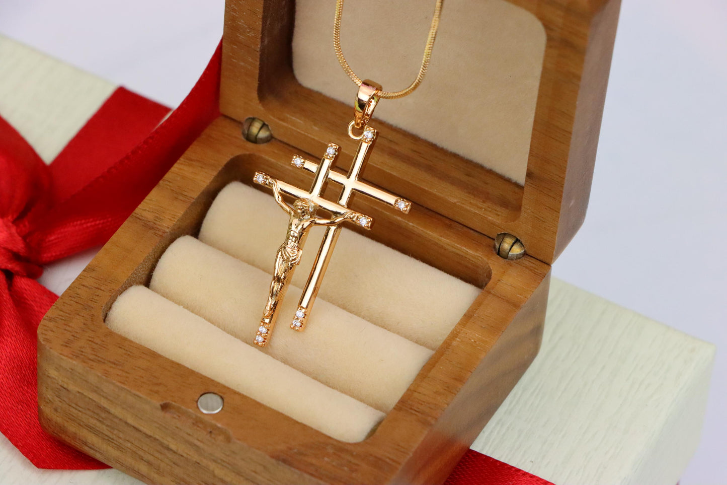 Rose Gold Triple Cross Pendant with Jesus and CZ Accents, XPPT1855 (2156-10)