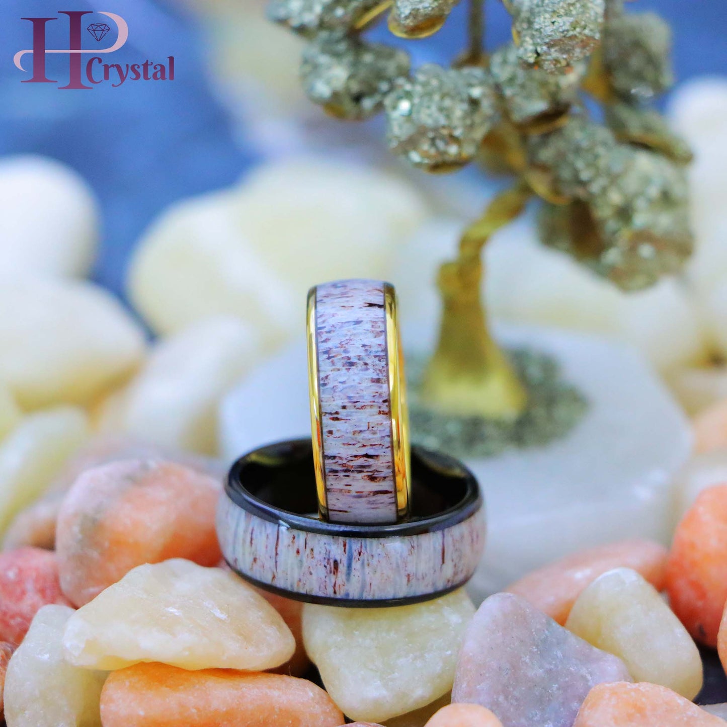 Domed Yellow Gold IP/Black IP Plated Tungsten Ring with Real Deer Antler Inlay