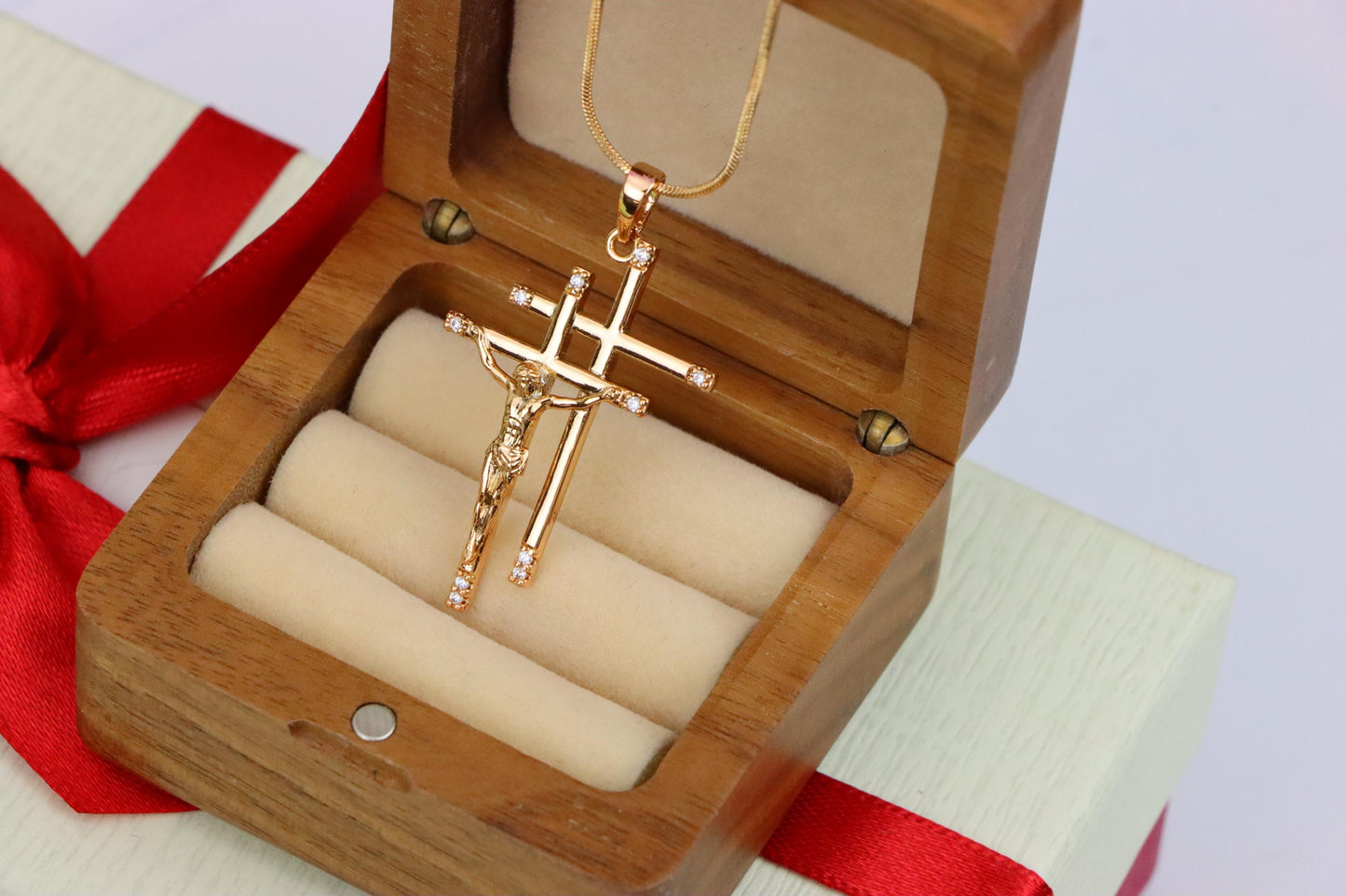 Rose Gold Triple Cross Pendant with Jesus and CZ Accents, XPPT1855 (2156-10)