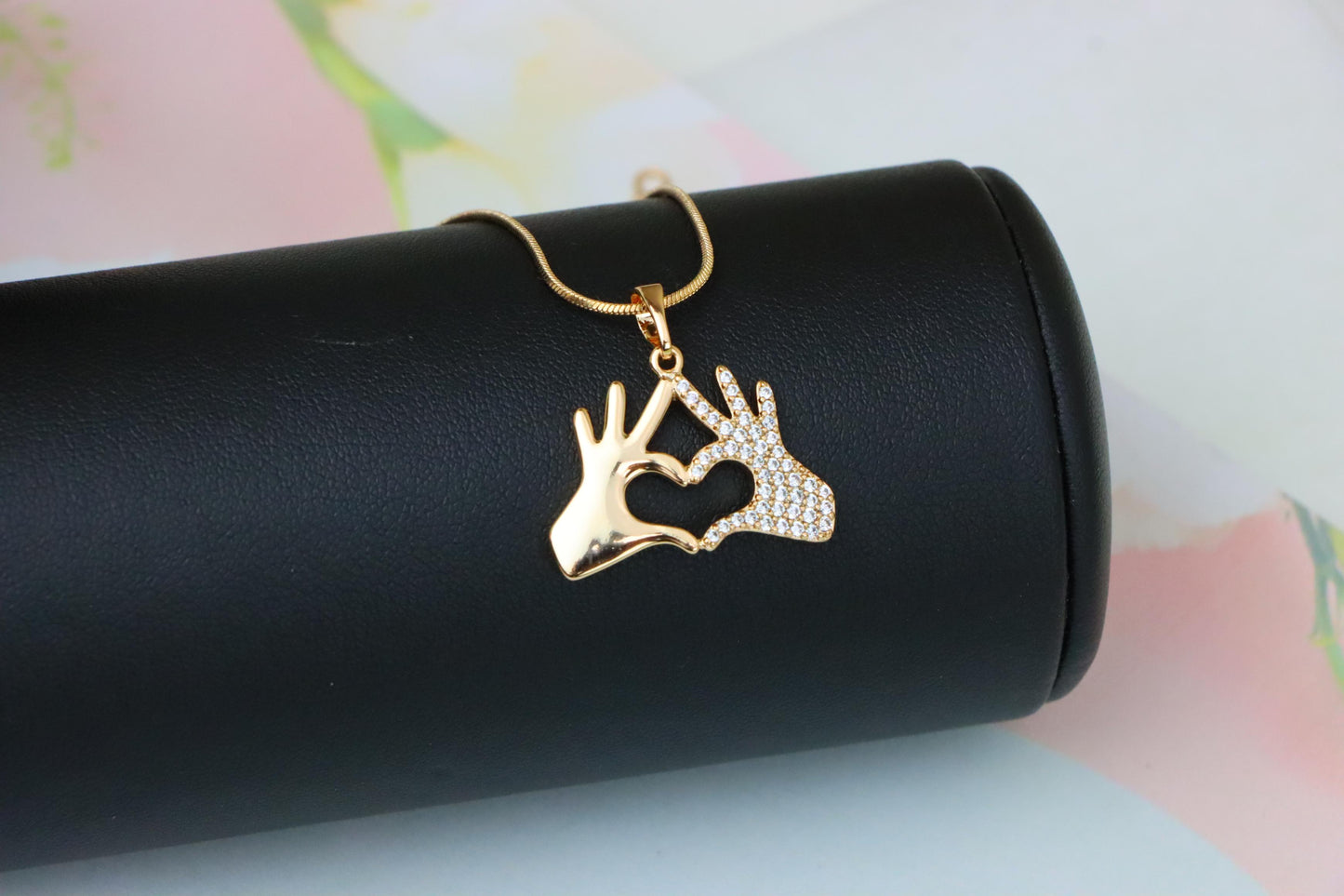 Sparkling Heart Hand Sign Rose Gold Pendant for Love and Expression, XPPT1385 (2133-9)