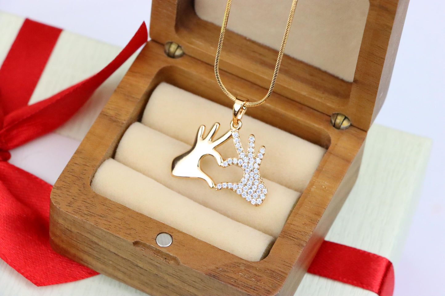 Sparkling Heart Hand Sign Rose Gold Pendant for Love and Expression, XPPT1385 (2133-9)