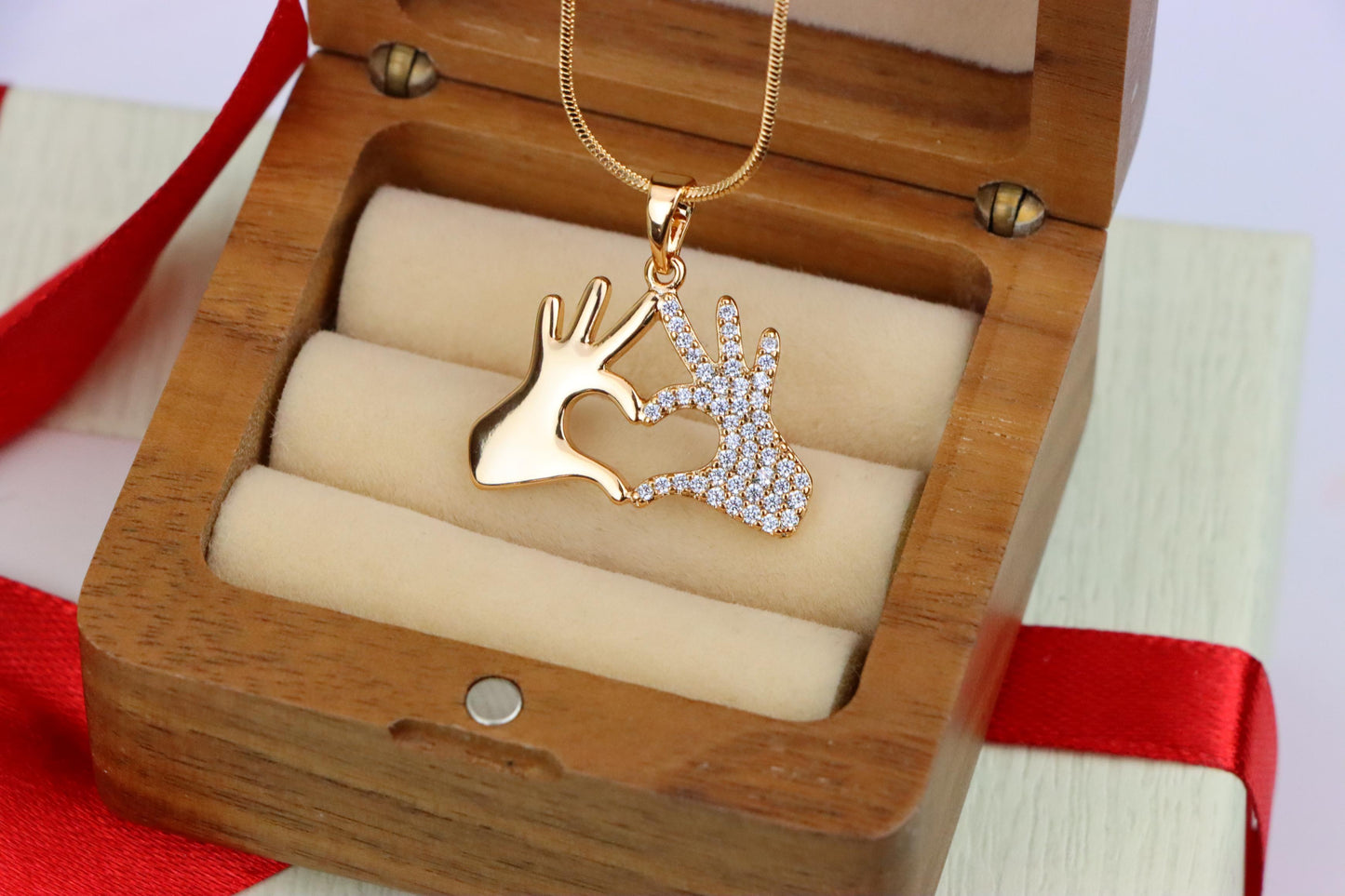 Sparkling Heart Hand Sign Rose Gold Pendant for Love and Expression, XPPT1385 (2133-9)