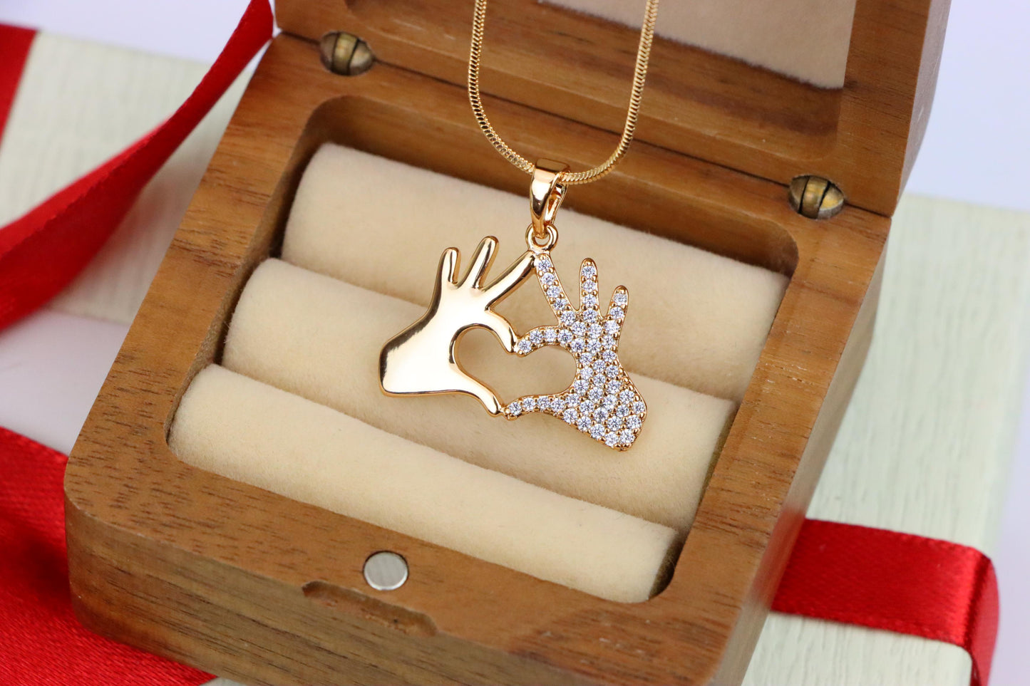 Sparkling Heart Hand Sign Rose Gold Pendant for Love and Expression, XPPT1385 (2133-9)