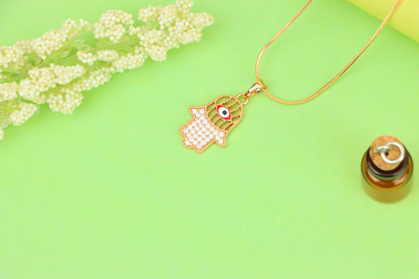 Rose Gold Hamsa Hand Pendant with Evil Eye and Sparkling Stones, XPPT1386 (2133-10)