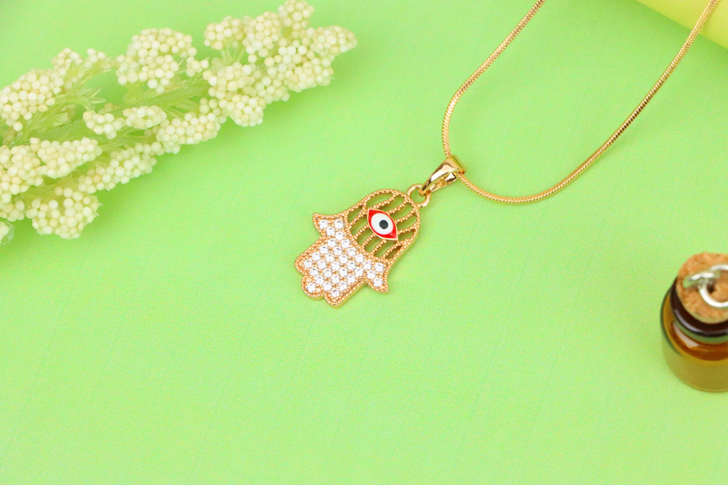 Rose Gold Hamsa Hand Pendant with Evil Eye and Sparkling Stones, XPPT1386 (2133-10)
