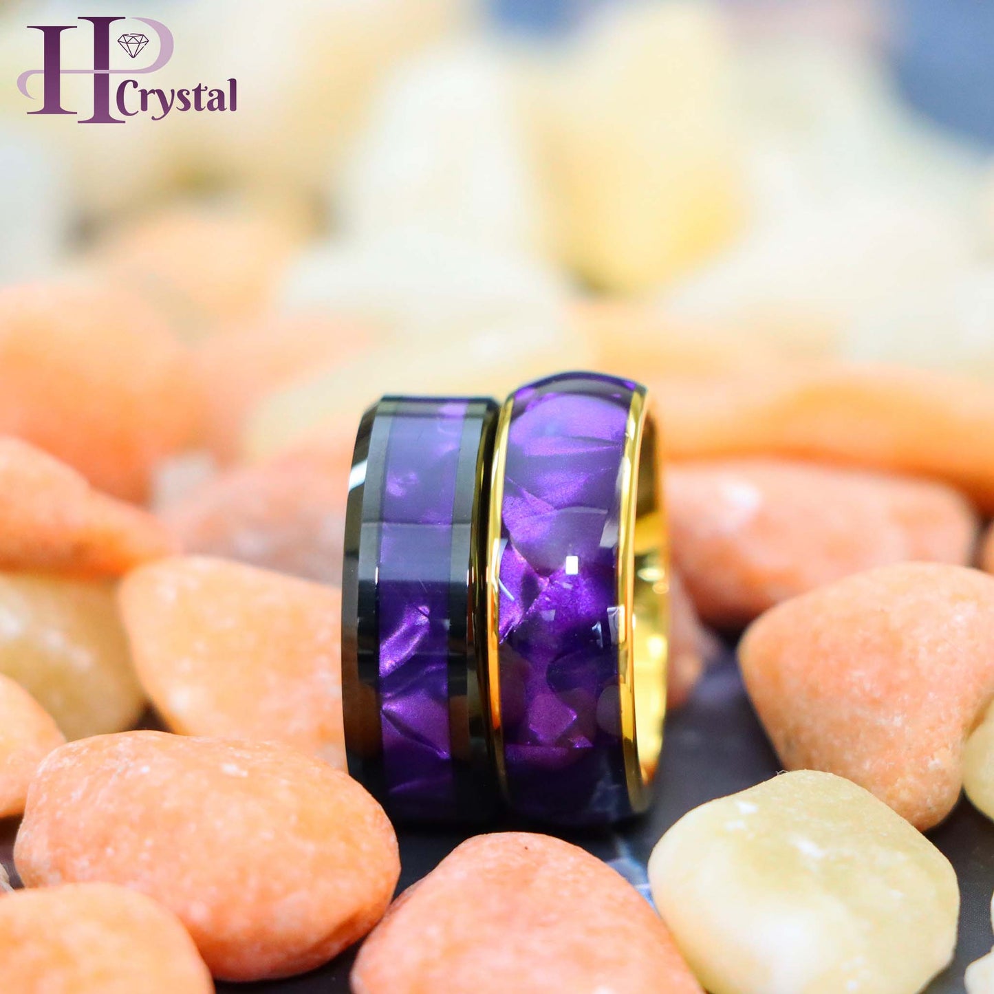 Gold & Black Tungsten Ring for Men - Purple Cowrie Shell Inlay Wedding Band
