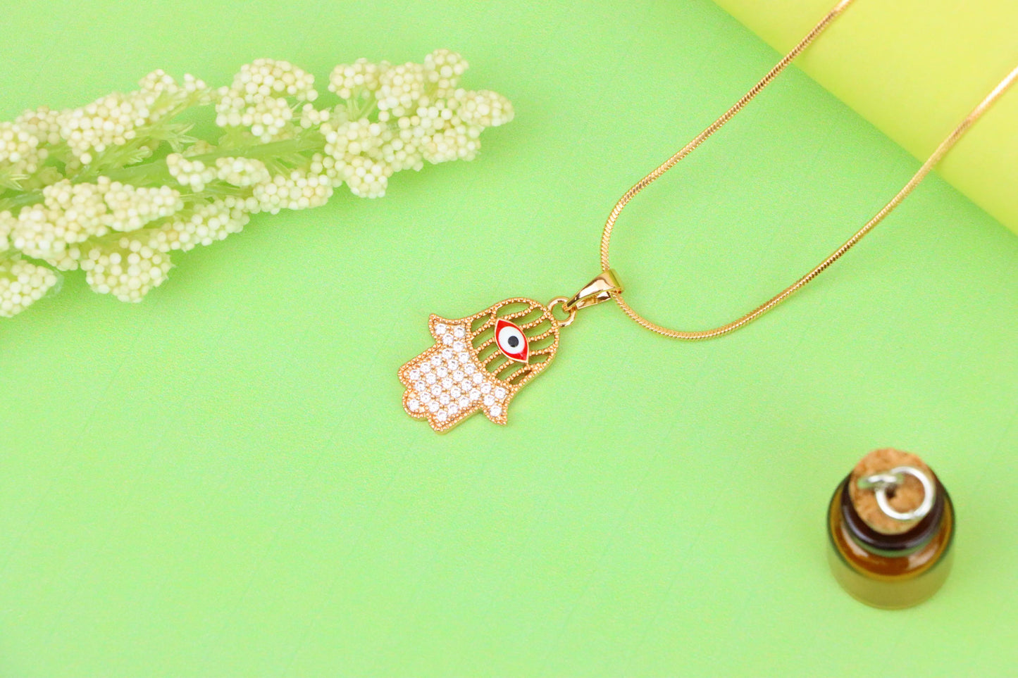 Rose Gold Hamsa Hand Pendant with Evil Eye and Sparkling Stones, XPPT1386 (2133-10)