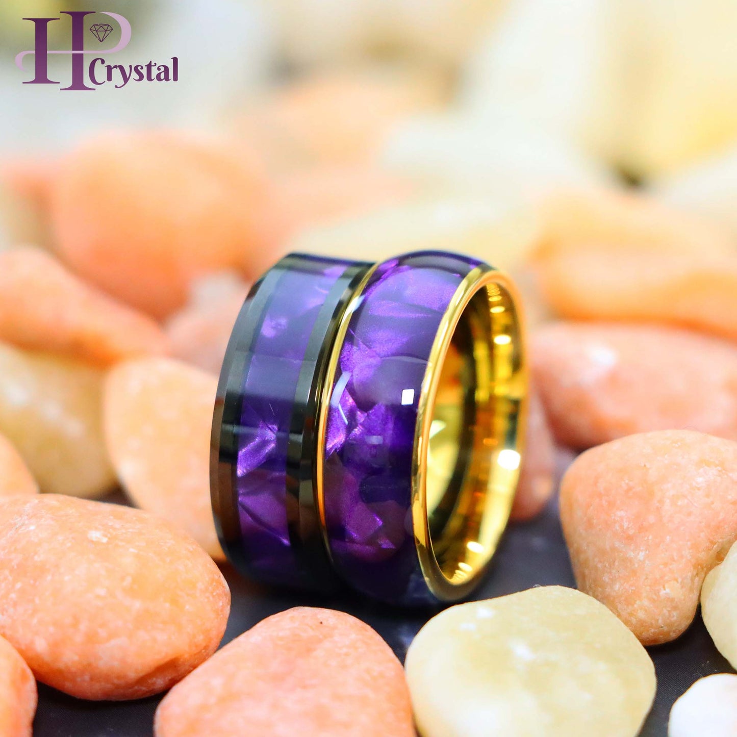 Gold & Black Tungsten Ring for Men - Purple Cowrie Shell Inlay Wedding Band