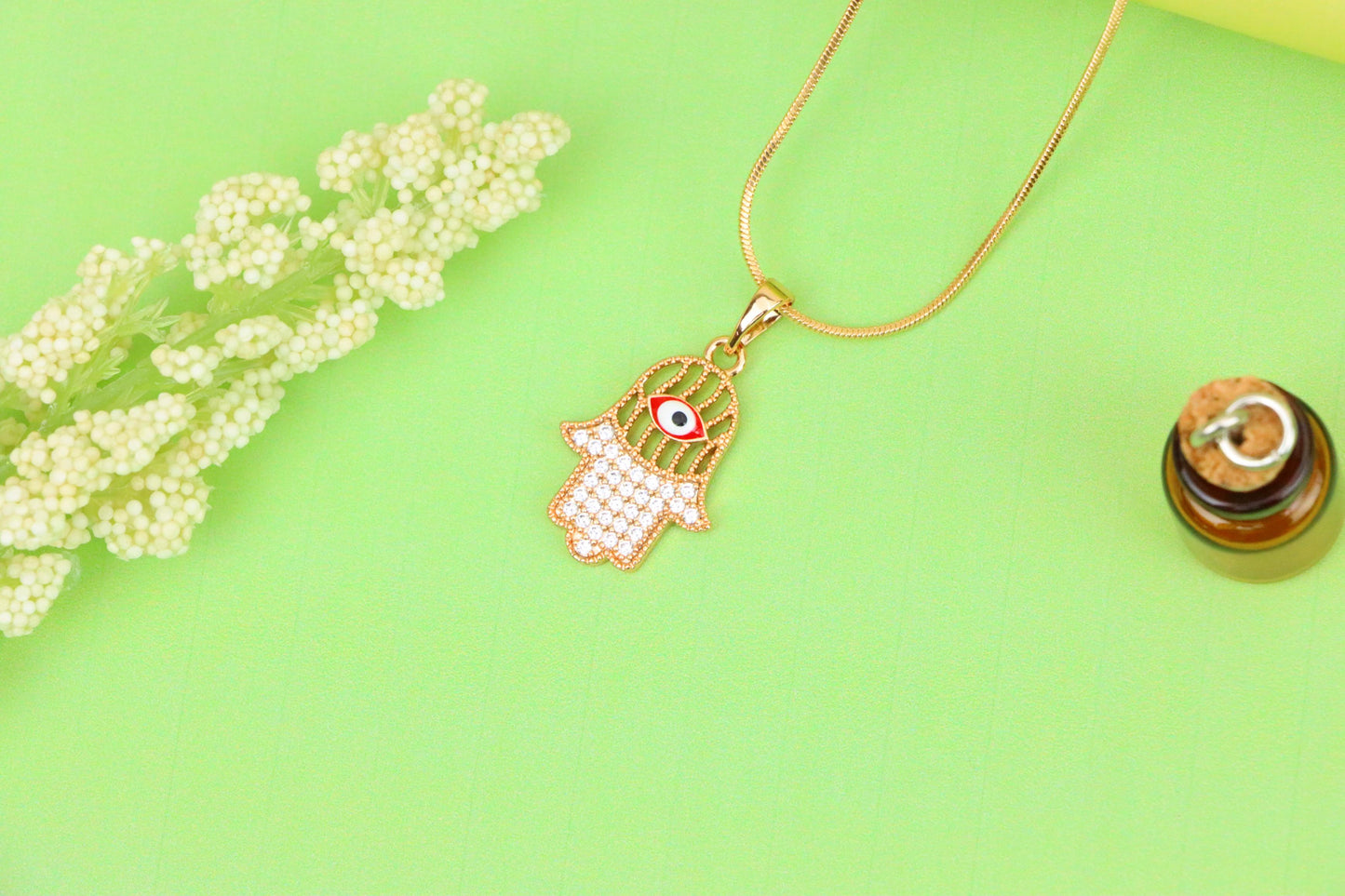 Rose Gold Hamsa Hand Pendant with Evil Eye and Sparkling Stones, XPPT1386 (2133-10)
