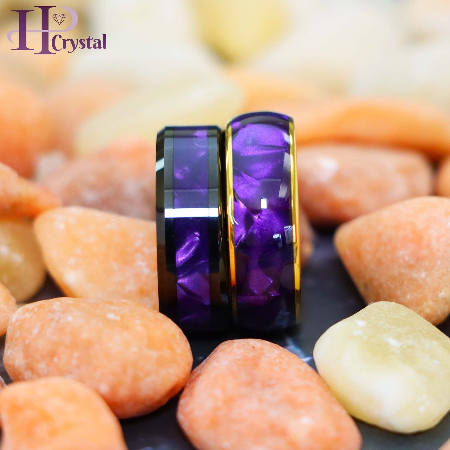 Gold & Black Tungsten Ring for Men - Purple Cowrie Shell Inlay Wedding Band