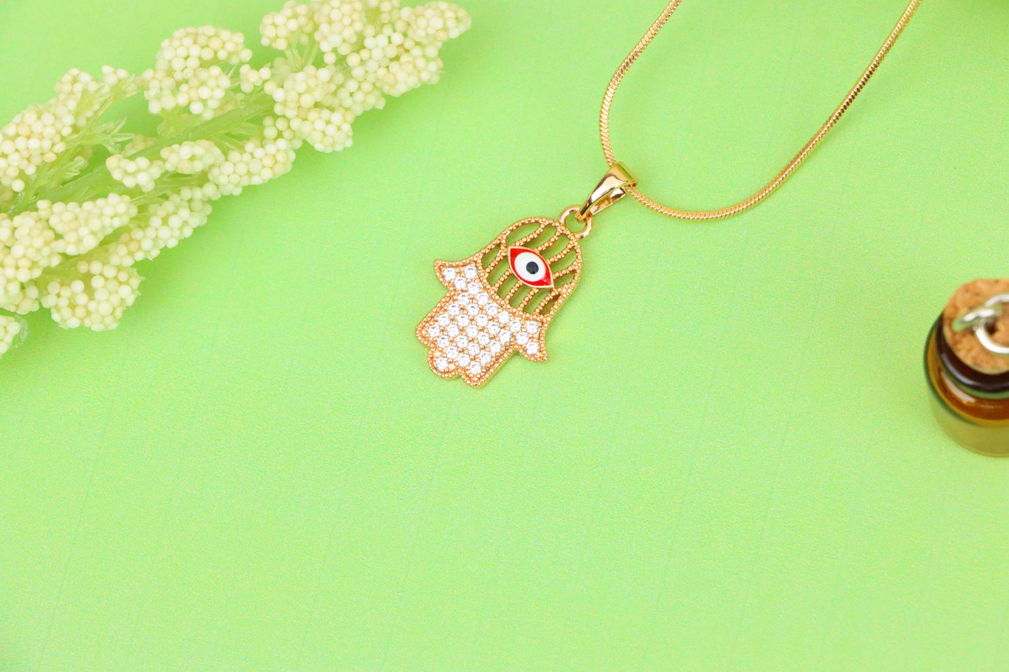 Rose Gold Hamsa Hand Pendant with Evil Eye and Sparkling Stones, XPPT1386 (2133-10)