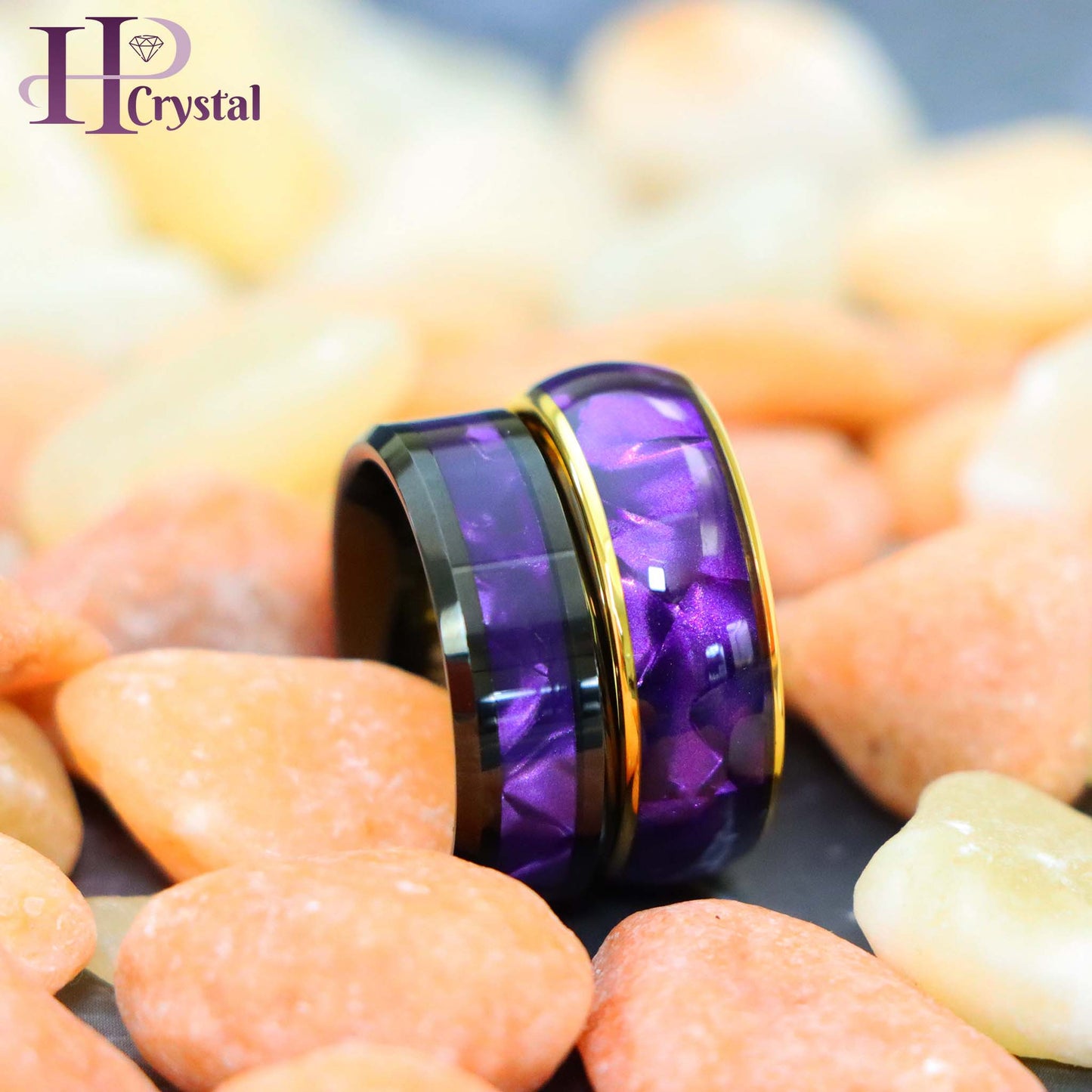 Gold & Black Tungsten Ring for Men - Purple Cowrie Shell Inlay Wedding Band