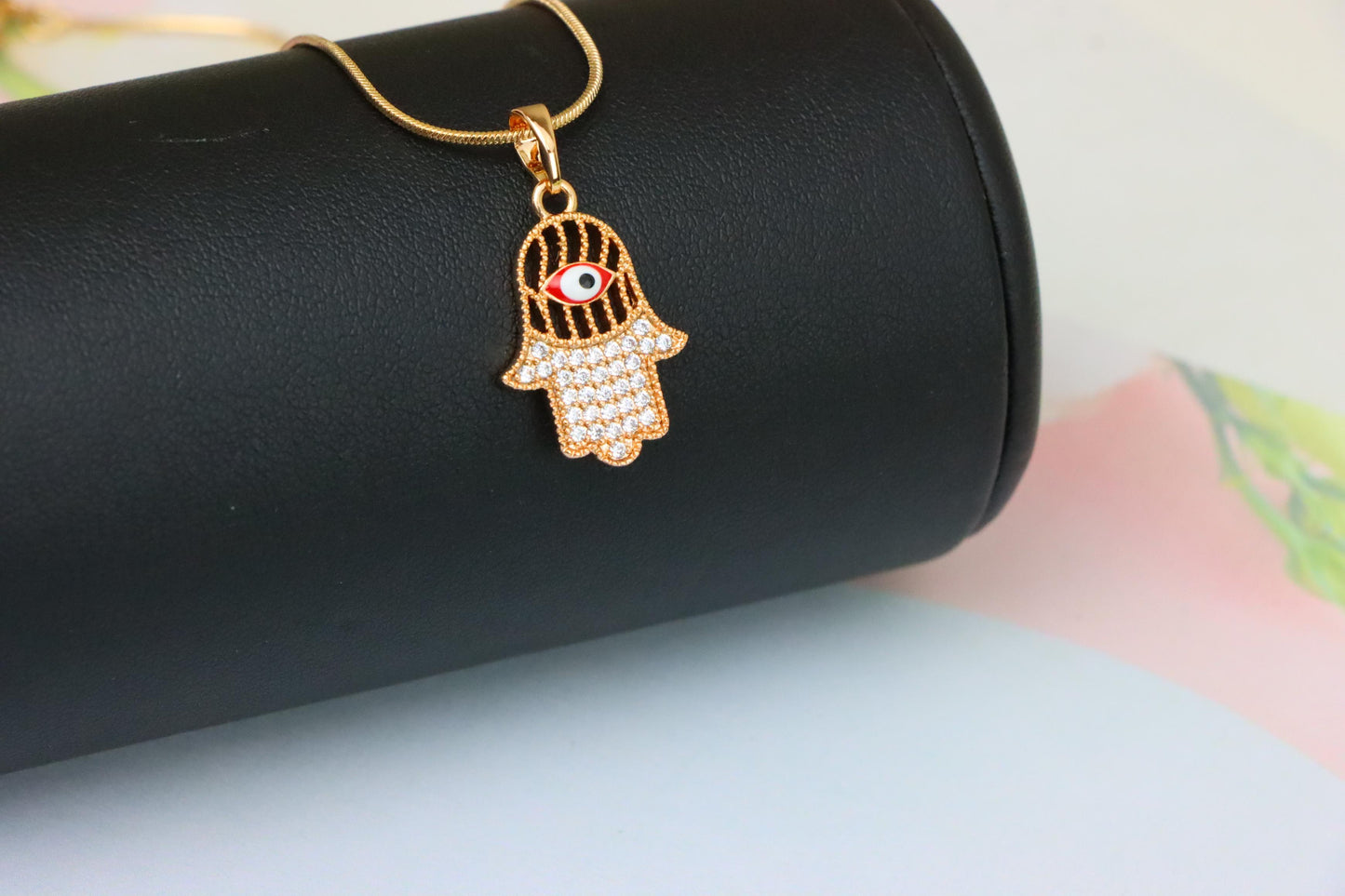 Rose Gold Hamsa Hand Pendant with Evil Eye and Sparkling Stones, XPPT1386 (2133-10)