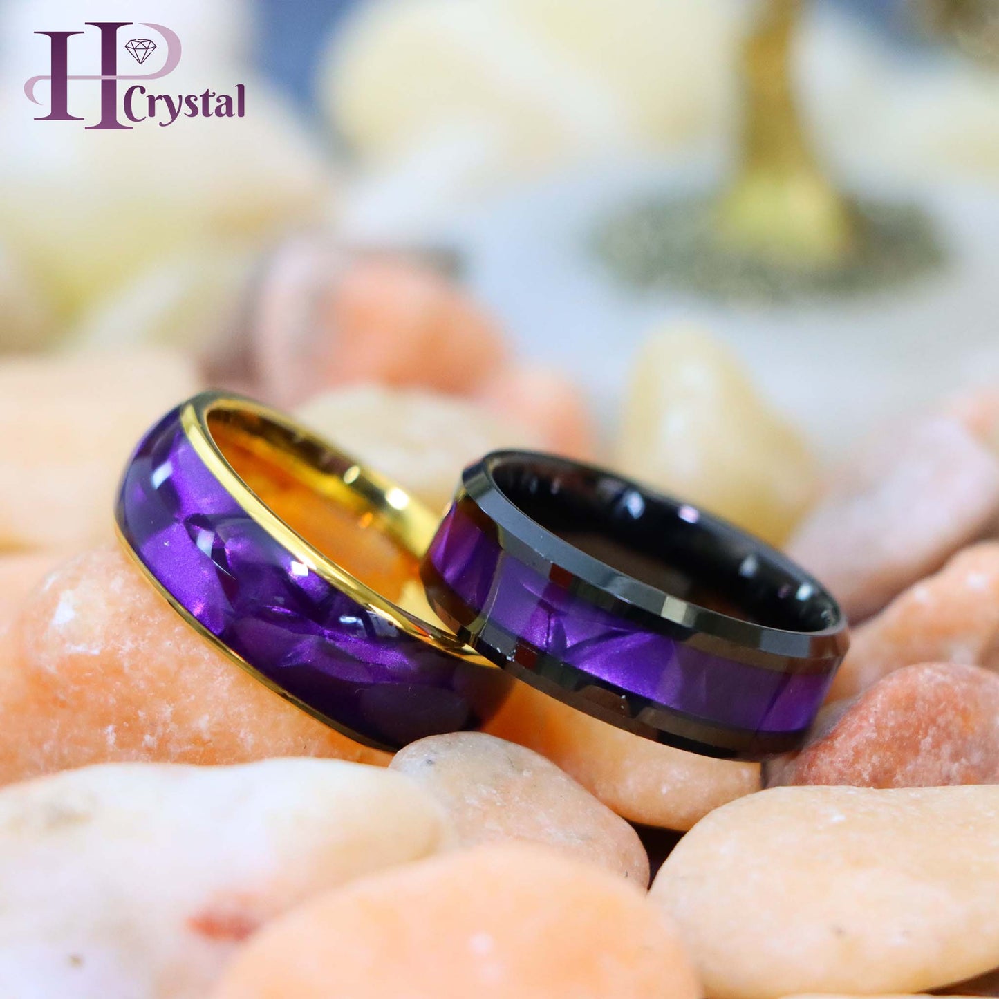 Gold & Black Tungsten Ring for Men - Purple Cowrie Shell Inlay Wedding Band