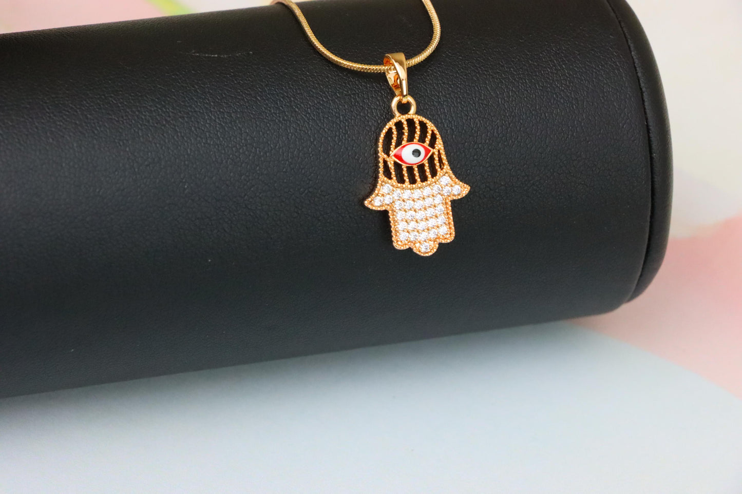 Rose Gold Hamsa Hand Pendant with Evil Eye and Sparkling Stones, XPPT1386 (2133-10)