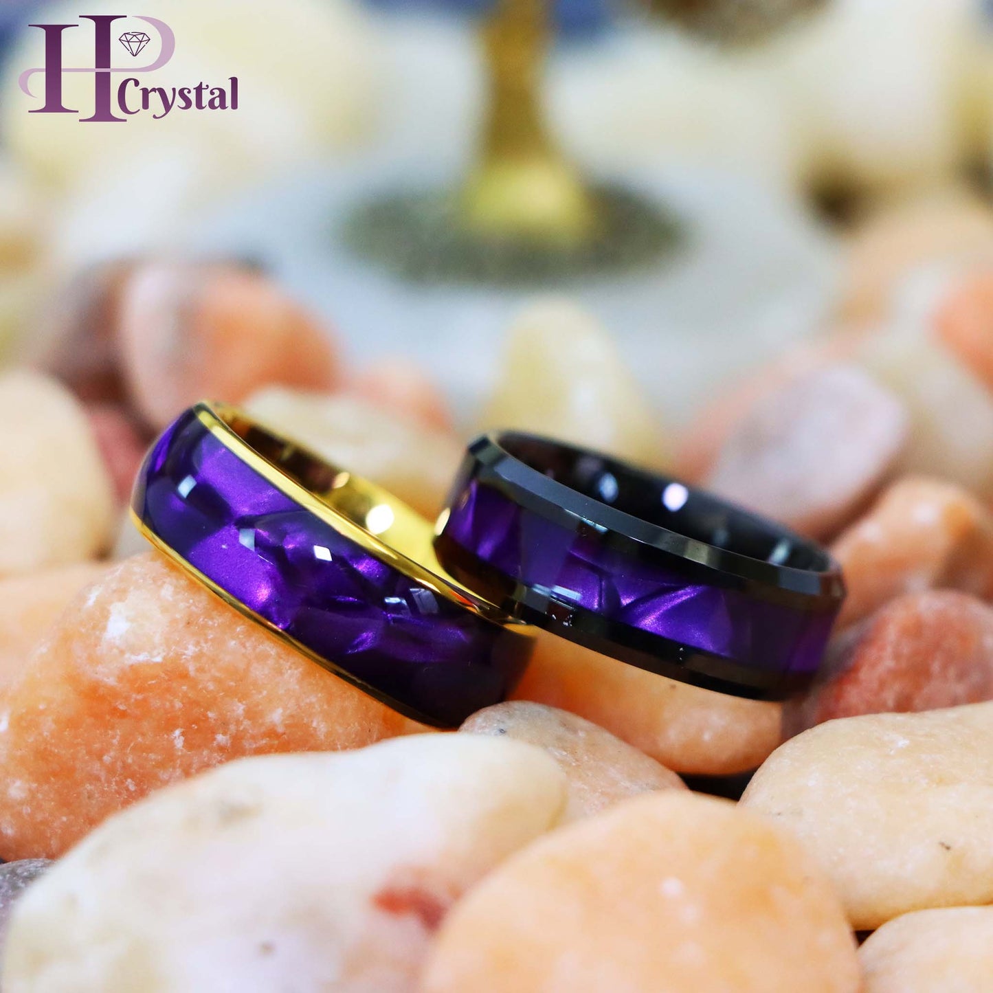 Gold & Black Tungsten Ring for Men - Purple Cowrie Shell Inlay Wedding Band