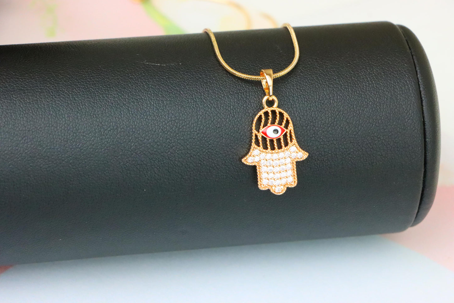 Rose Gold Hamsa Hand Pendant with Evil Eye and Sparkling Stones, XPPT1386 (2133-10)