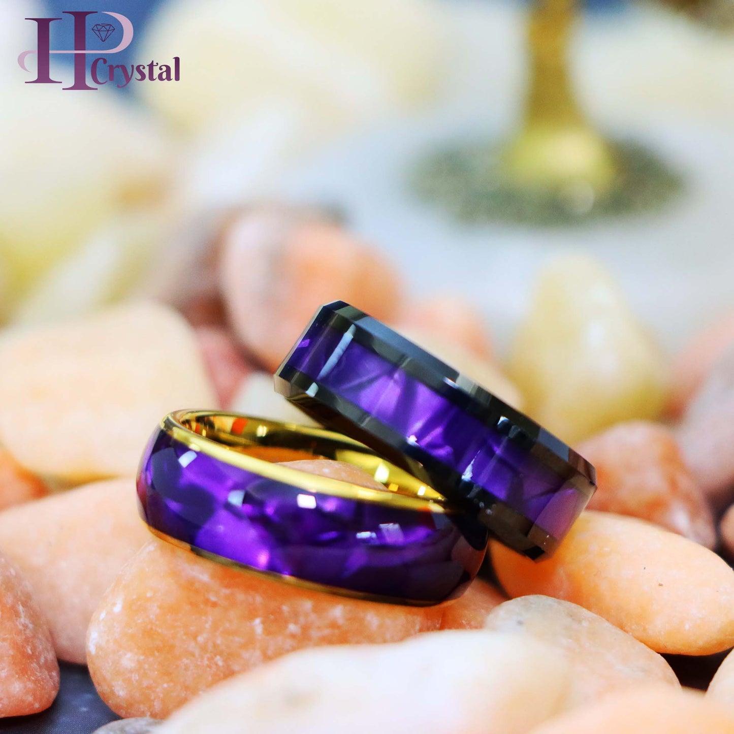 Gold & Black Tungsten Ring for Men - Purple Cowrie Shell Inlay Wedding Band