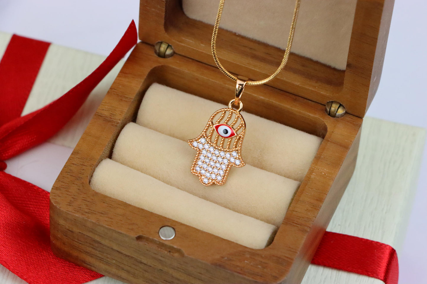 Rose Gold Hamsa Hand Pendant with Evil Eye and Sparkling Stones, XPPT1386 (2133-10)