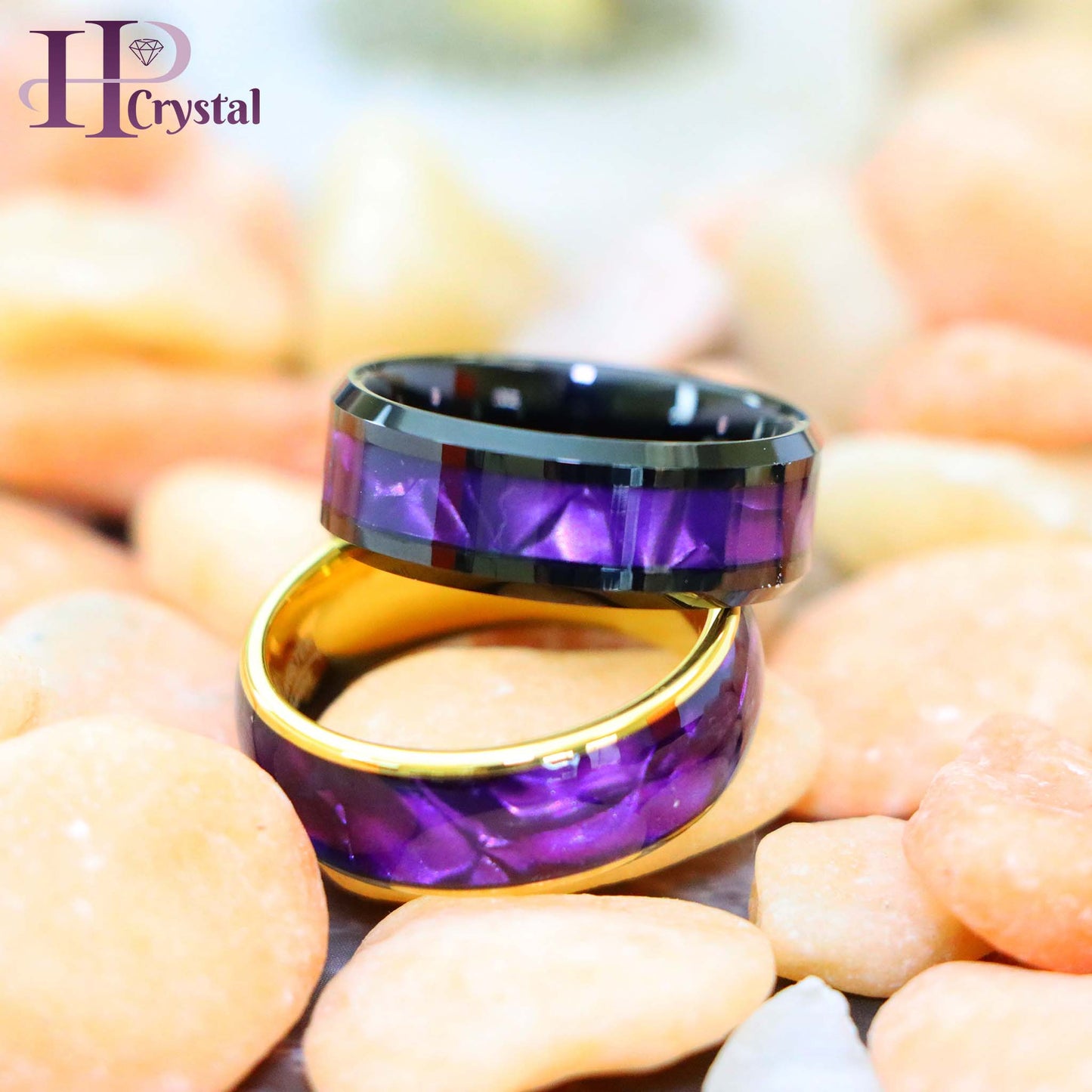 Gold & Black Tungsten Ring for Men - Purple Cowrie Shell Inlay Wedding Band