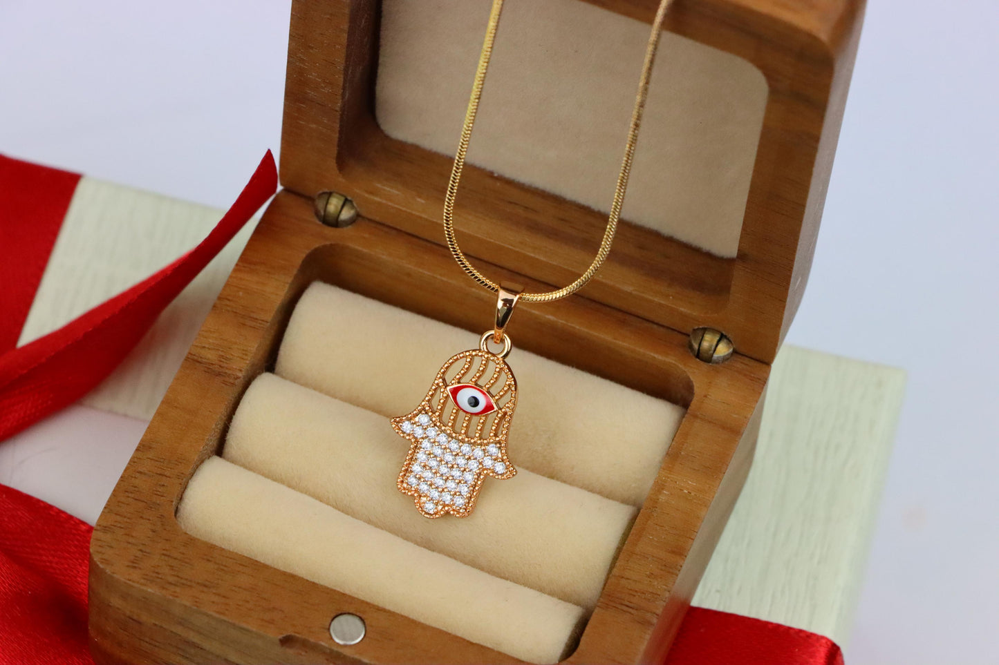 Rose Gold Hamsa Hand Pendant with Evil Eye and Sparkling Stones, XPPT1386 (2133-10)