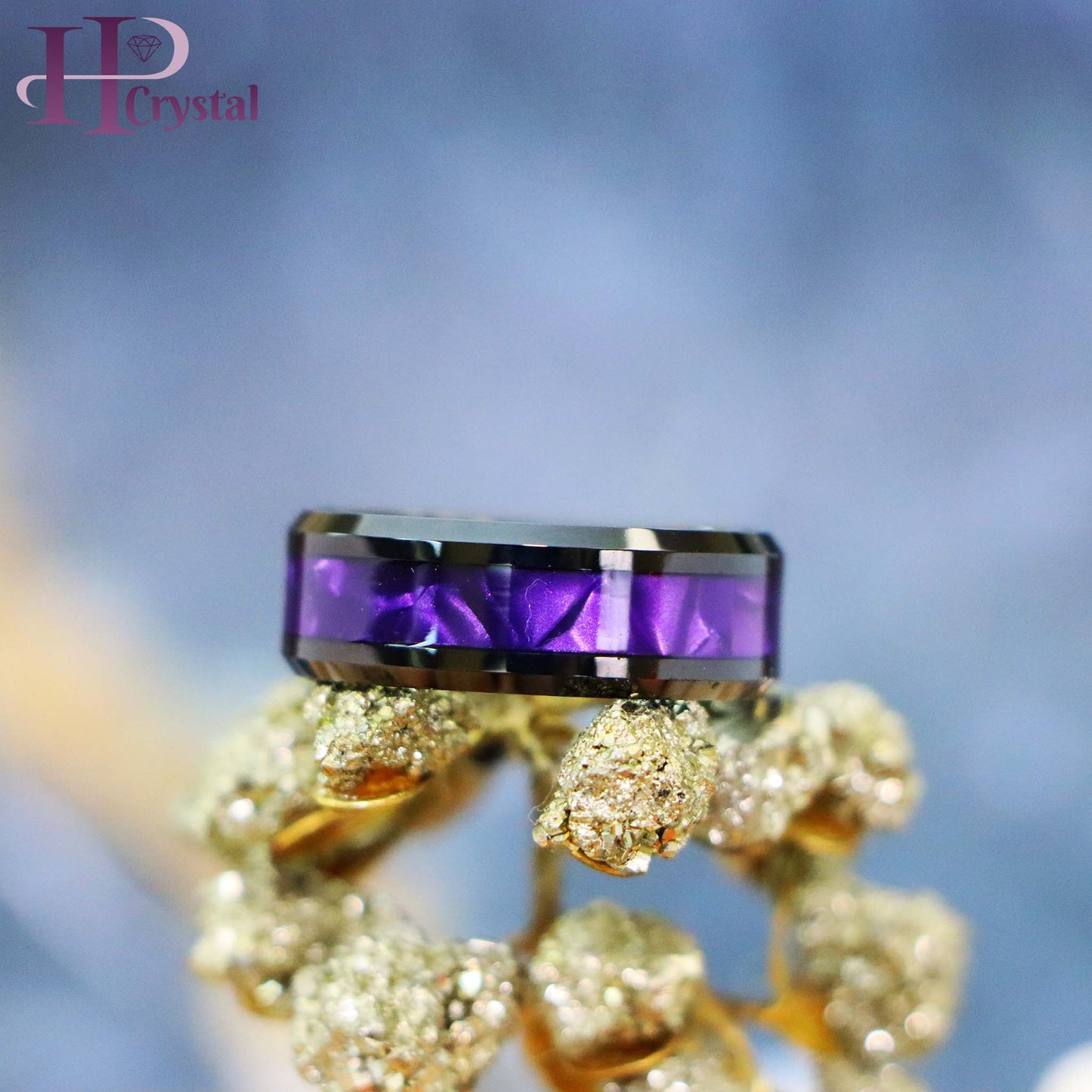 Gold & Black Tungsten Ring for Men - Purple Cowrie Shell Inlay Wedding Band