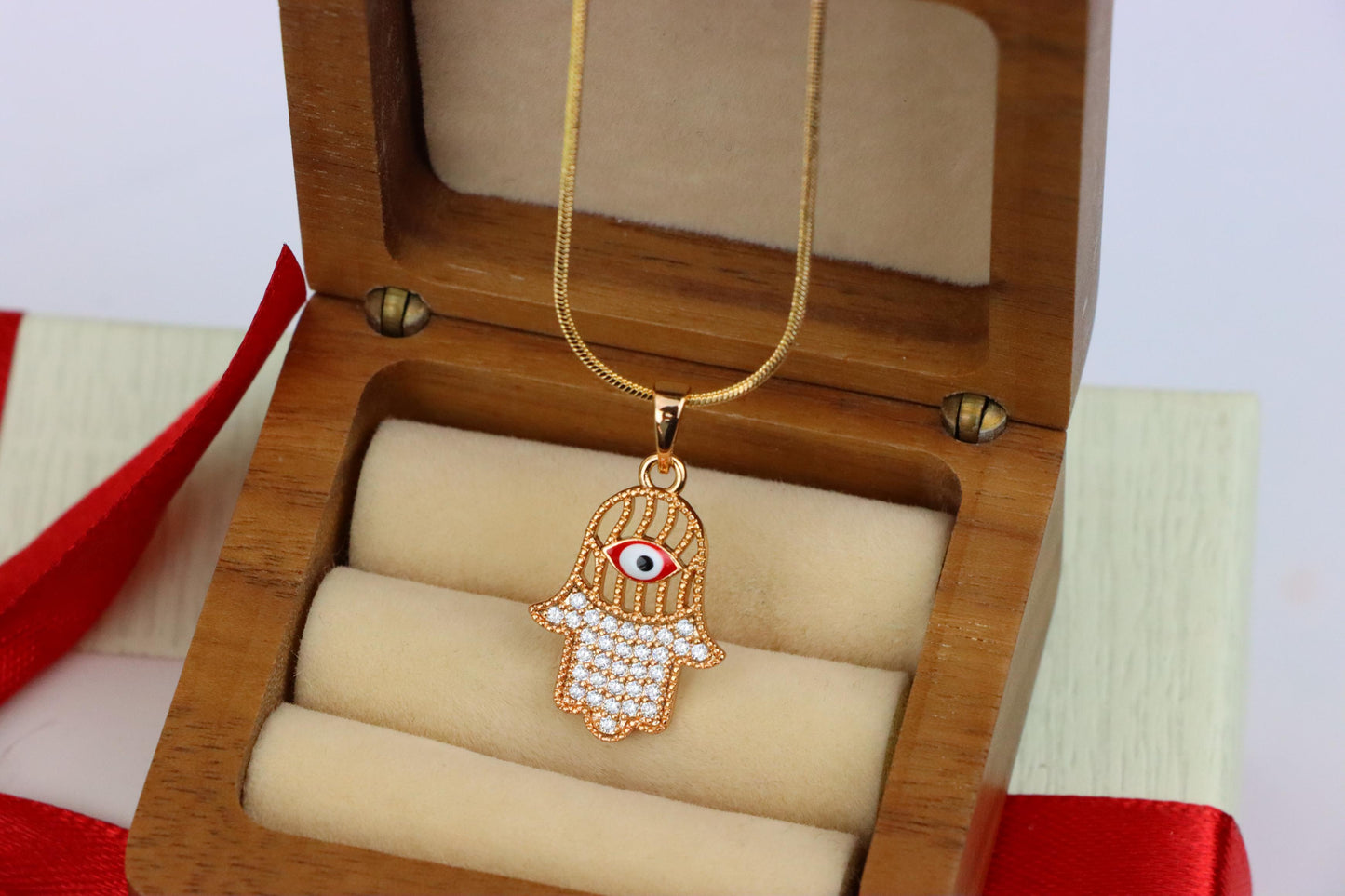 Rose Gold Hamsa Hand Pendant with Evil Eye and Sparkling Stones, XPPT1386 (2133-10)