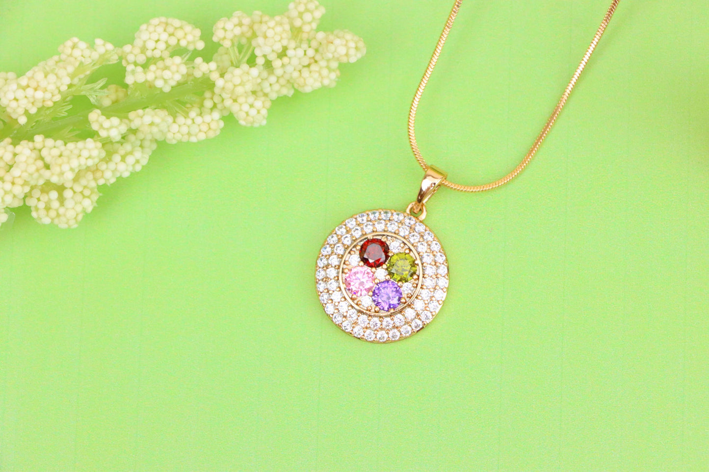 Round Multicolor CZ Pendant in Gold Finish – Dazzling Circle Design,XPPT1857 (2157-1)