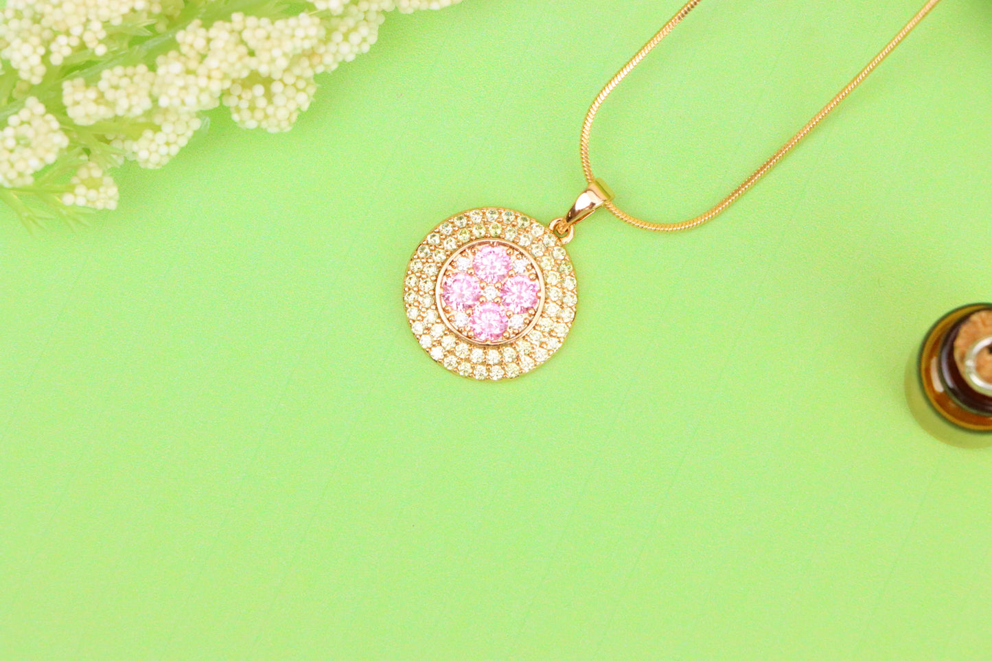 Round Pink & Yellow CZ Pendant in Gold Finish – Elegant Floral Look, XPPT1858 (2157-1)